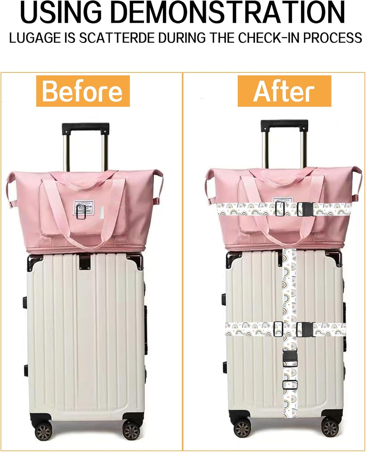 Luggage Straps for Suitcases, Adjustable Travel Belt, Durable Wide Luggage Strap, Cute Suitcase Strap Identifiers with Buckle, Bag Straps for Luggage, Cute Rainbow Design