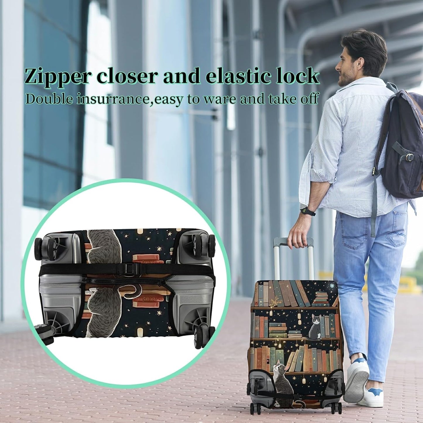Luggage Cover + Tag, Cat Library Travel Suitcase Protector for 22-24 inch Luggage (M) with Concealed Zipper, Washable Elastic Cloth, Dustproof, Anti-Scratch