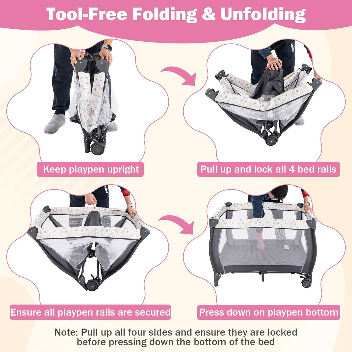 HONEY JOY Pack and Play, 3 in 1 Portable Baby Playard with Bassinet, Changing Table, Lockable Wheels, Music Box, Foldable Travel Baby Crib Nursery Center from Newborn to Toddler (Water Drop Gray)