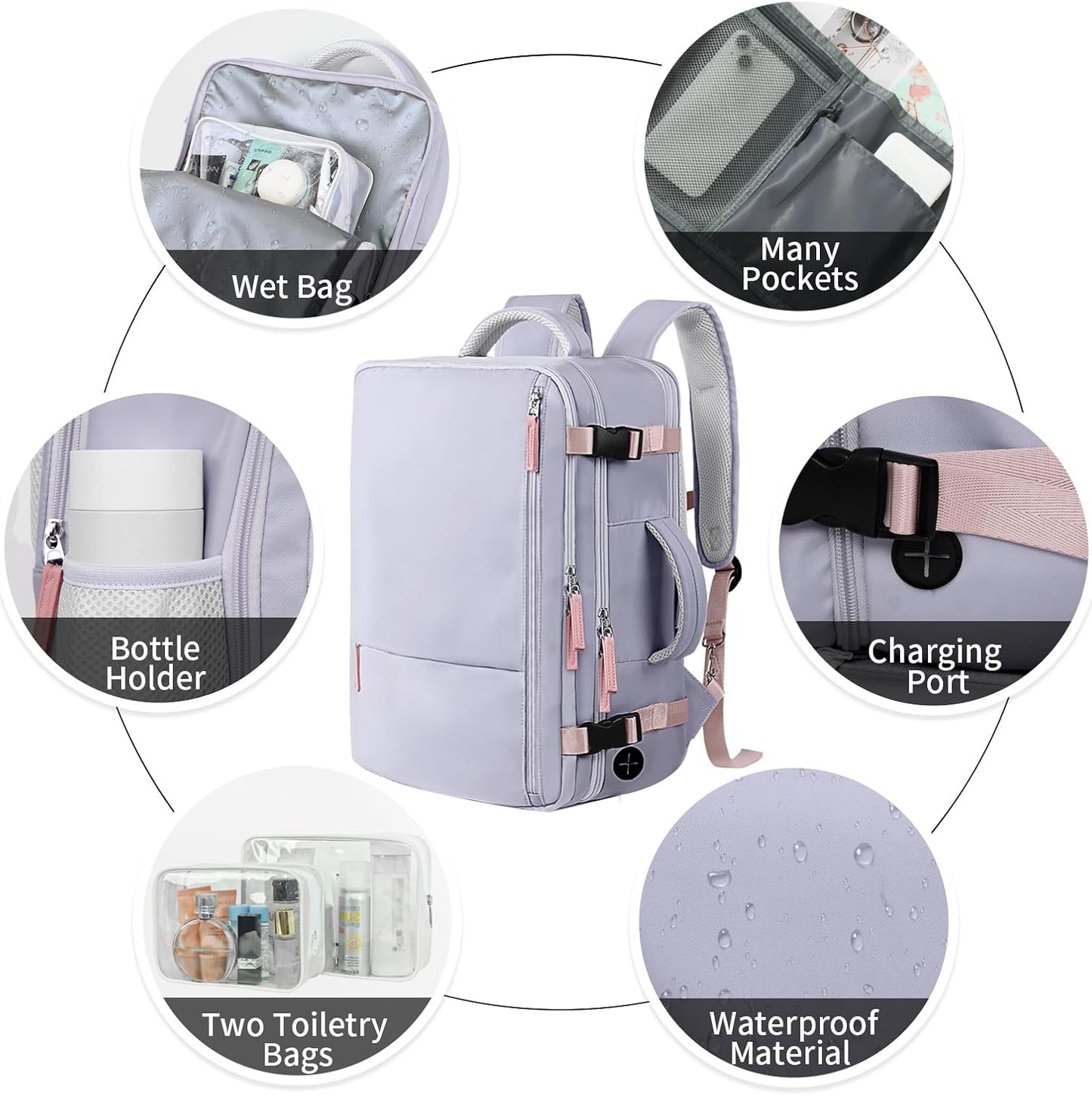 Hanples Large Travel Backpack for Women as Person Item Flight Approved, Waterproof 35L Carry On Backpack, 17 Inch Laptop Backpack for Business Bag with 2 Toiletry Bags (Gray Purple)