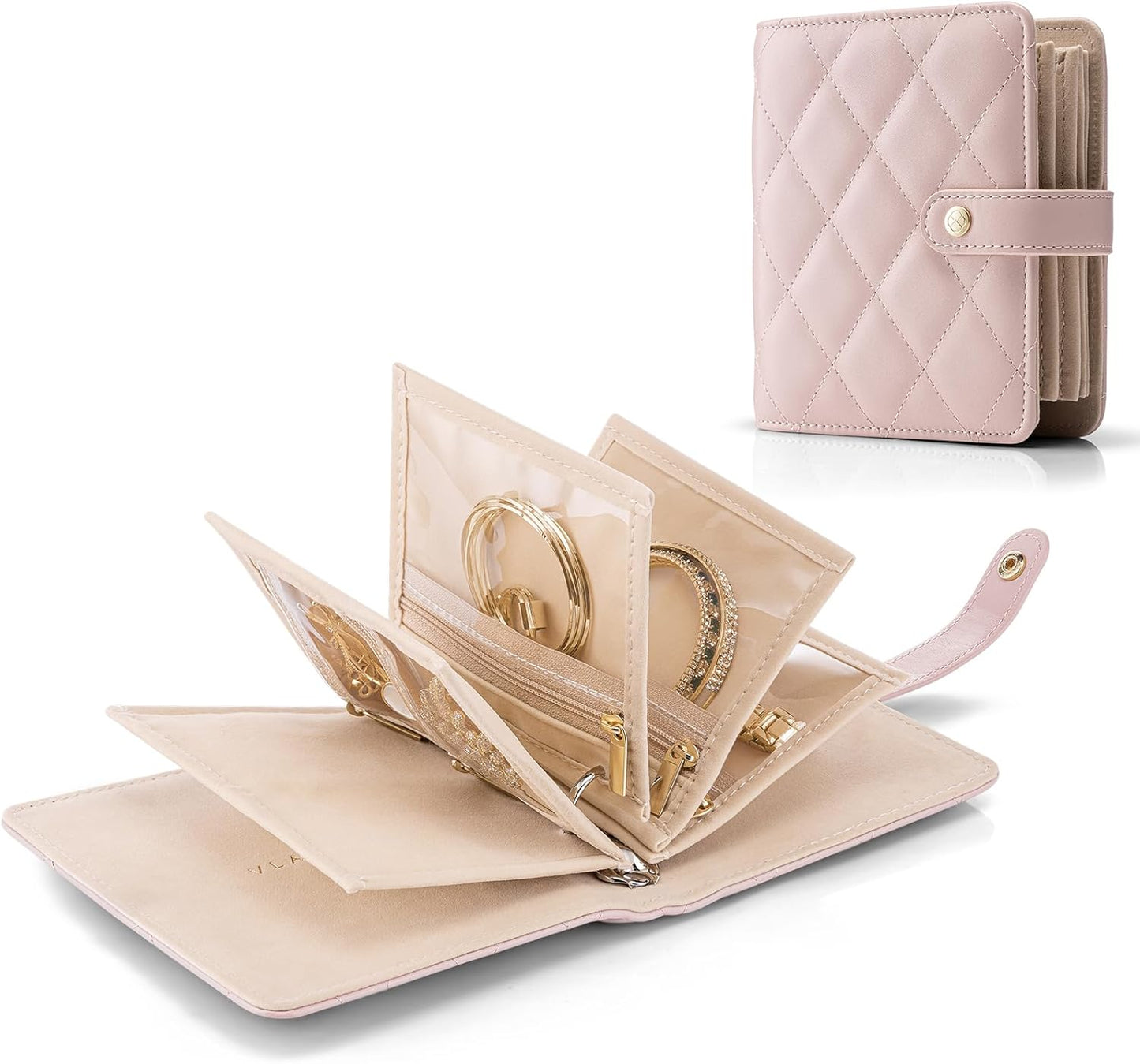 Vlando Travel Jewelry Organizer Case,Travel Gifts for Women,Portable Jewelry Storage Book Ring Binder with Clear Zipper Velvet Jewelry Pouch Bag-Pink