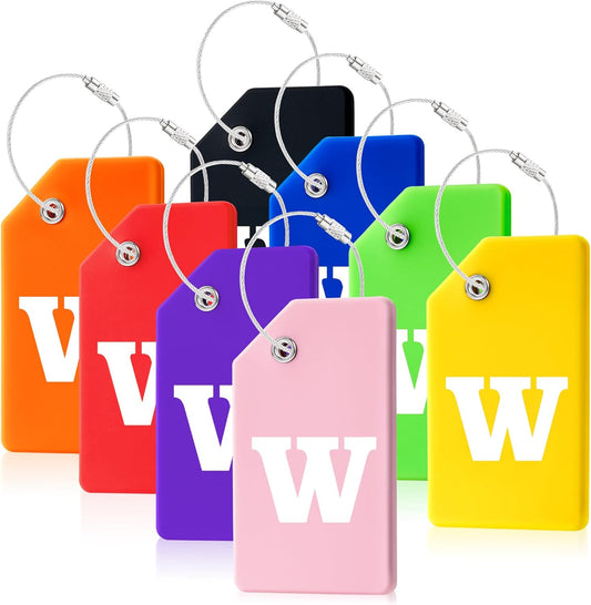 8 Pcs Luggage Tags for Suitcases, 26 Initial Letter Travel Luggage Baggage Identification Labels ID Tags Fully Bendable Tags with Stainless Steel Loop (Letter W, Colorful)
