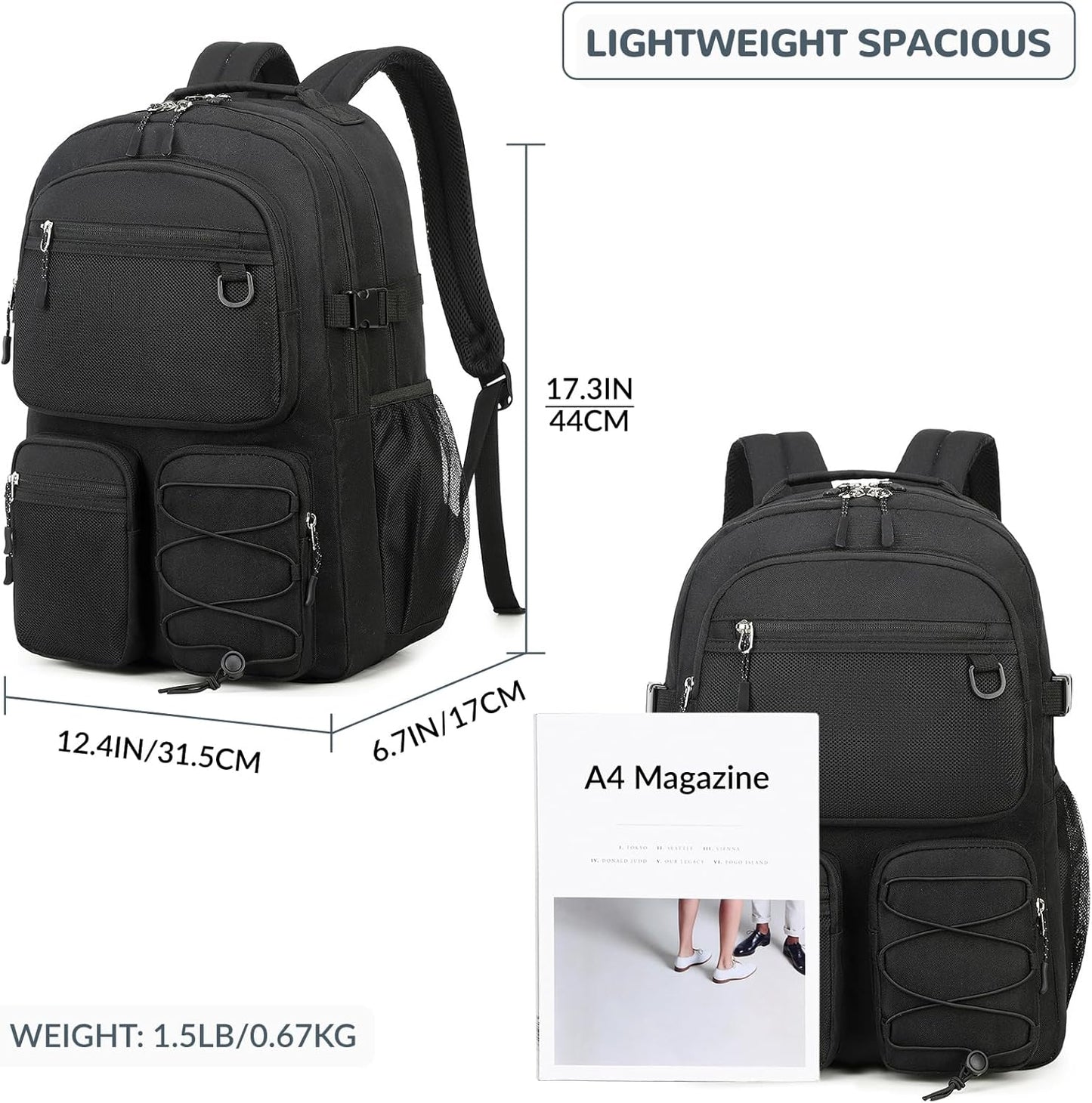 Lohol Water Resistant Daypack with Mulitiple Pockets for School Travel Outdoor College, 15.6 inch Laptop Backpack for Men and Women (Black)