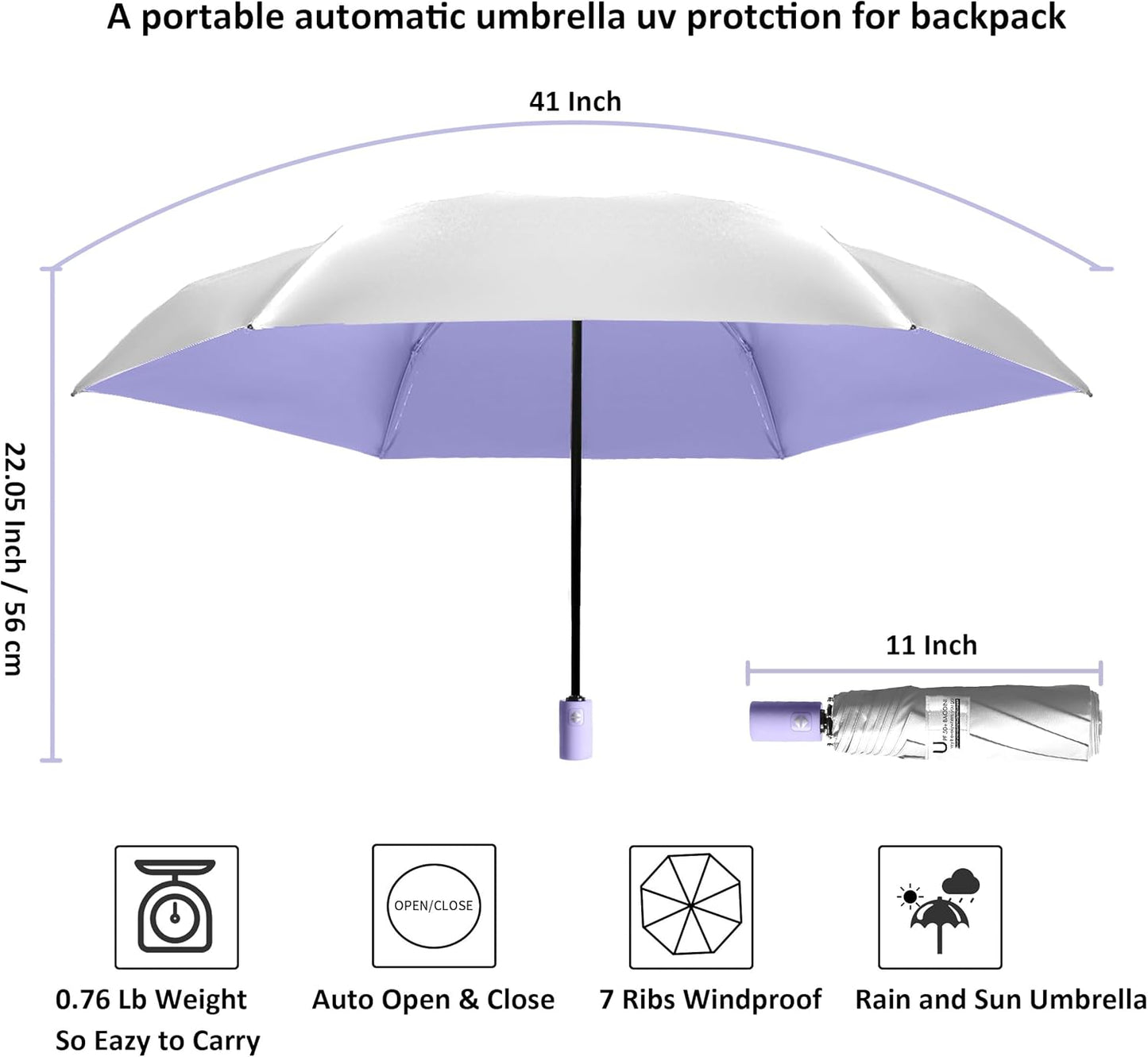 BAODINI Small UV Protection Travel Umbrella Compact for Rain and Sun UPF 50+ 41 inch Portable Umbrella for Women and Men
