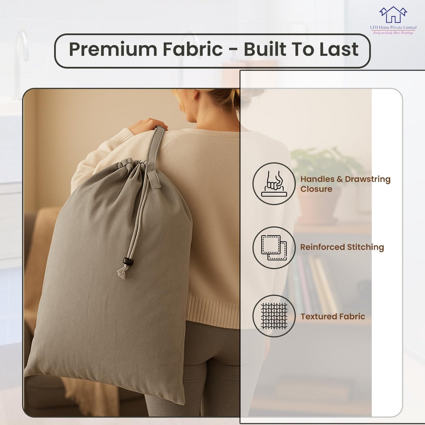 LFH Home Cotton Canvas Large Laundry Bag with Handle, Heavy Duty Drawstring Closure Washable Laundry Bags, School Travel, Home, Hotel, College Dorm, Organizer Sack, Toys Clothes 28x36 (Pack of 6)-Grey