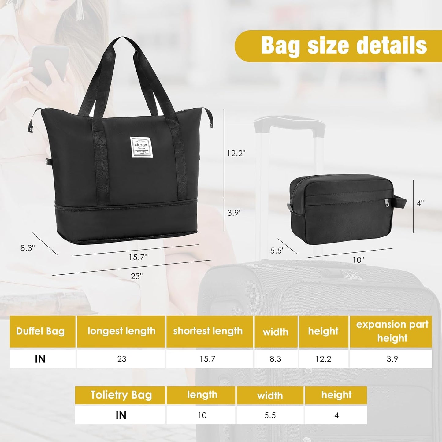 Merax Softside Luggage Set Softshell Lightweight 3 Piece Spinner Suitcase with Duffel Bag Expandable Upright Travel Luggage 22" 26" 30",Black