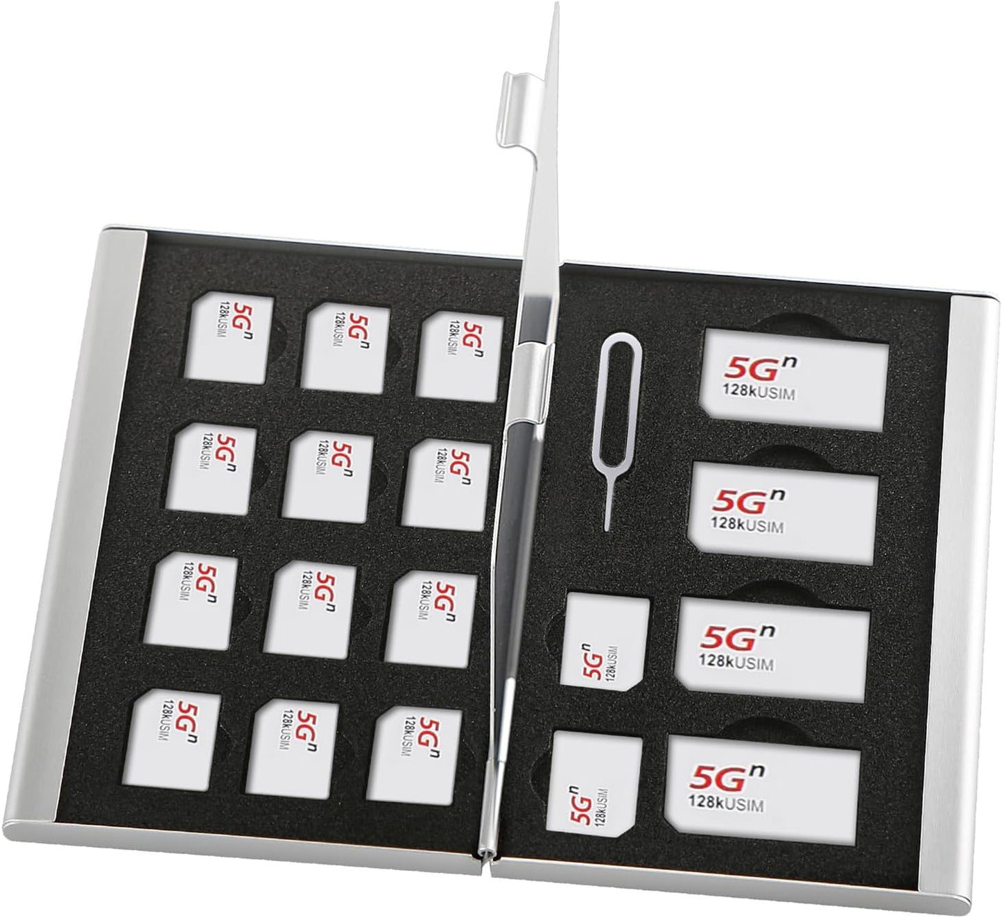Aluminum SIM Card Case, 19Slots Ultrathin SIM Card Holder, Fit for 4 SIM Card, 14 Micro sim Card and 1 Cell Phone Eject Pin Slots, Silver