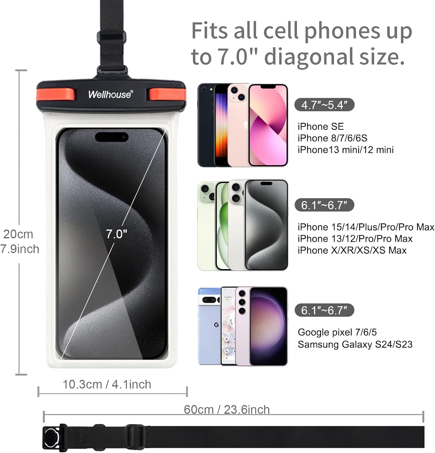 wellhouse Waterproof Phone Pouch, Waterproof Phone Case for iPhone 16 15 14 13 12 Pro Max XS Samsung, IPX8 3D Cellphone Dry Bag Beach Essentials (1 Pack - Black/Red Clasp7.0, 7 inch)