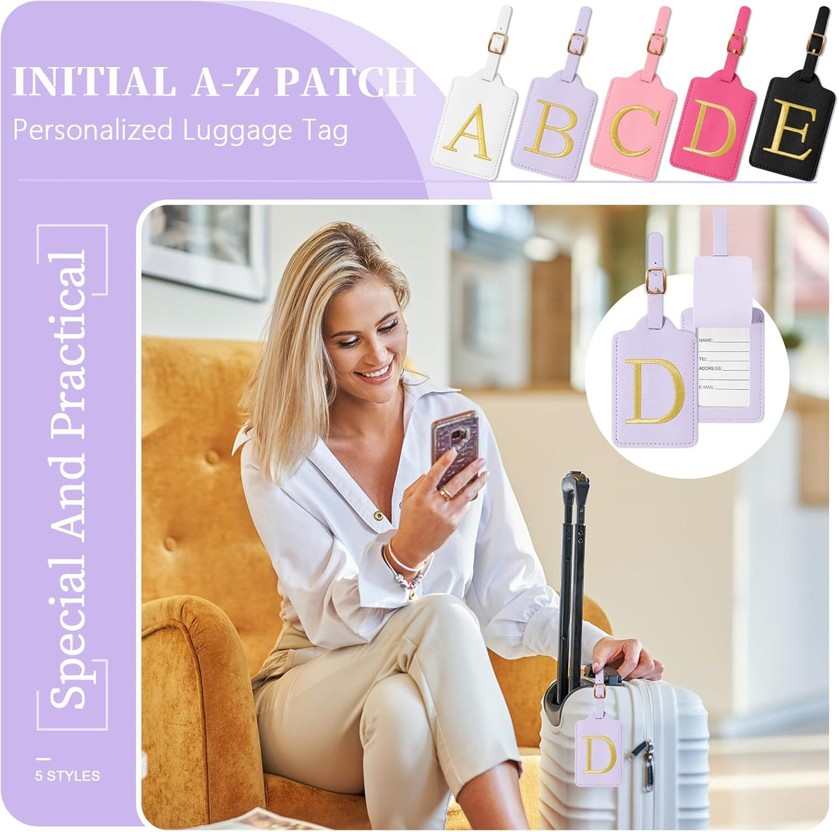 Personalized Initial Luggage Tags for Suitcase, Purple Leather Cute Luggage Tags with Privacy Cover Name Card, Embroidered Custom Monogrammed Luggage Tag Travel Backpack Tags Gifts for Women Kids(D)