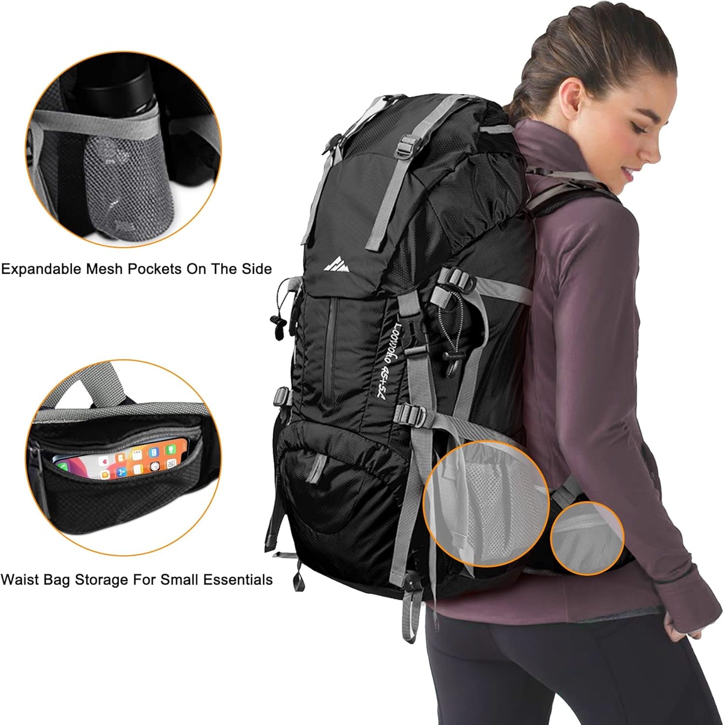 Loowoko 50L Hiking Backpack, Waterproof Camping Essentials Bag with Rain Cover, 45+5 Liter Lightweight Backpacking Back Pack