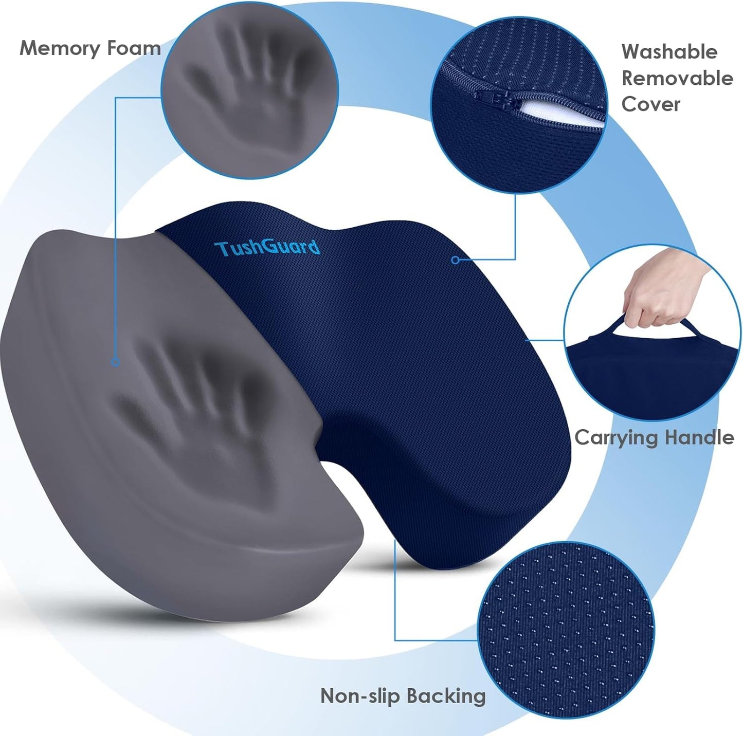 TushGuard Seat Cushion for Office Chair Memory Foam Non-Slip Cushion Back, Coccyx, Sciatica, Tailbone Pain Relief Butt Pillow for Office Chair, Car, Wheelchair, Blue, X-Large
