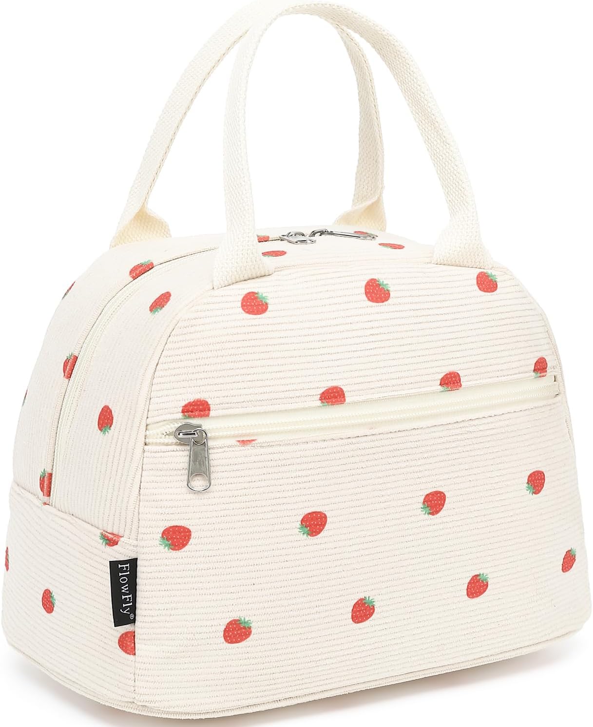 FlowFly Insulated Lunch Bag for Women – Corduroy Lunch Tote Box, Cute Cooler Bag for Work, Travel, Picnic, Corduroy Strawberries Beige