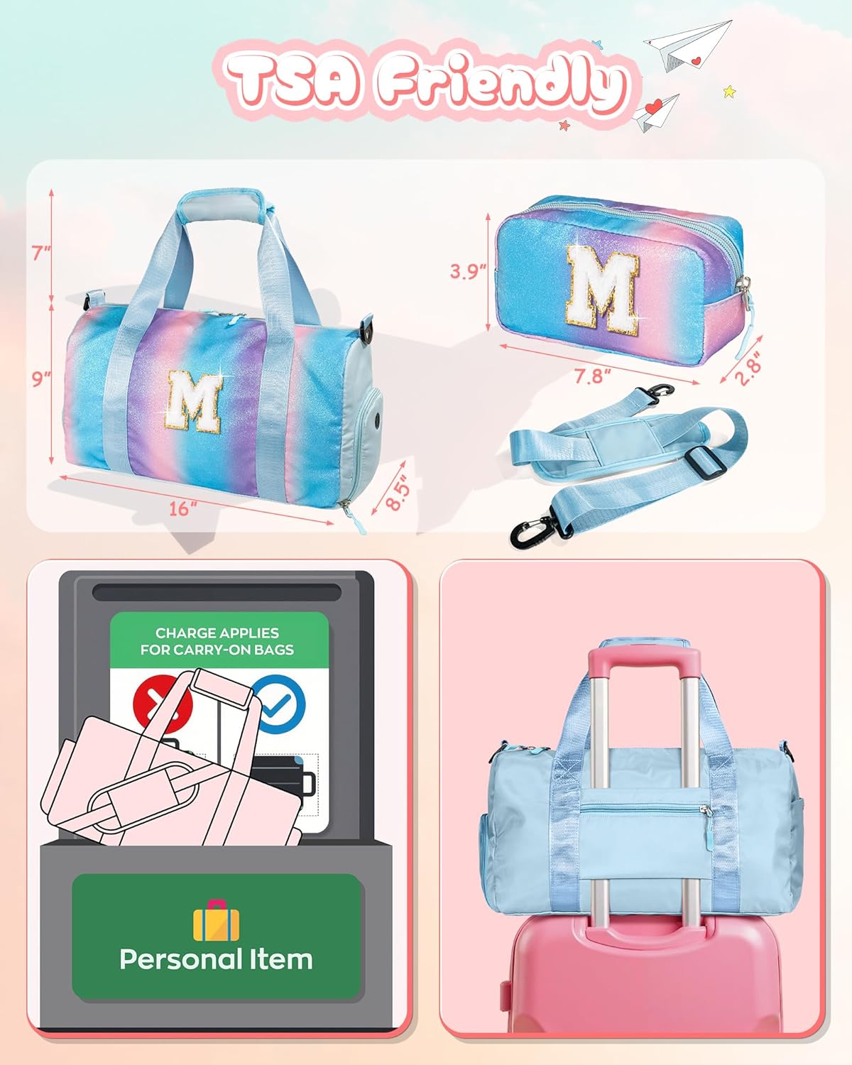 Gifts for 3 4 5 6 7 8 9 Year Old Girls-Girl Gym Bag with Shoe Compartment, Kid Personalized Weekender Overnight Bags, Initial Travel Tote with Makeup Pouch, Easter Gift for Teen (Letter C)