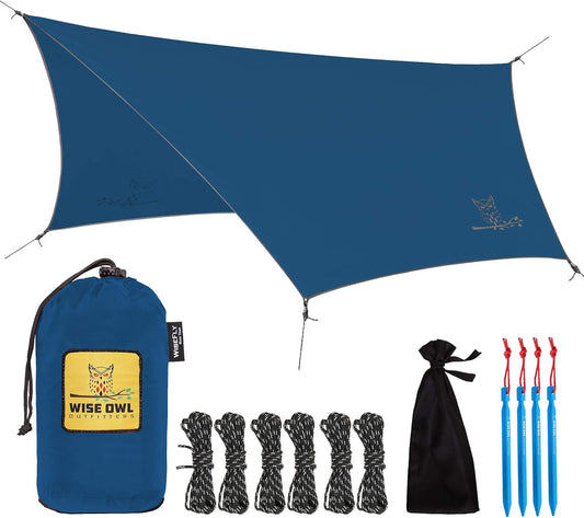Wise Owl Outfitters Hammock Rain Fly – Waterproof Camping Tarp Cover with Tent Stakes & Carry Bag, Ultralight Shelter for Backpacking & Outdoor Shade