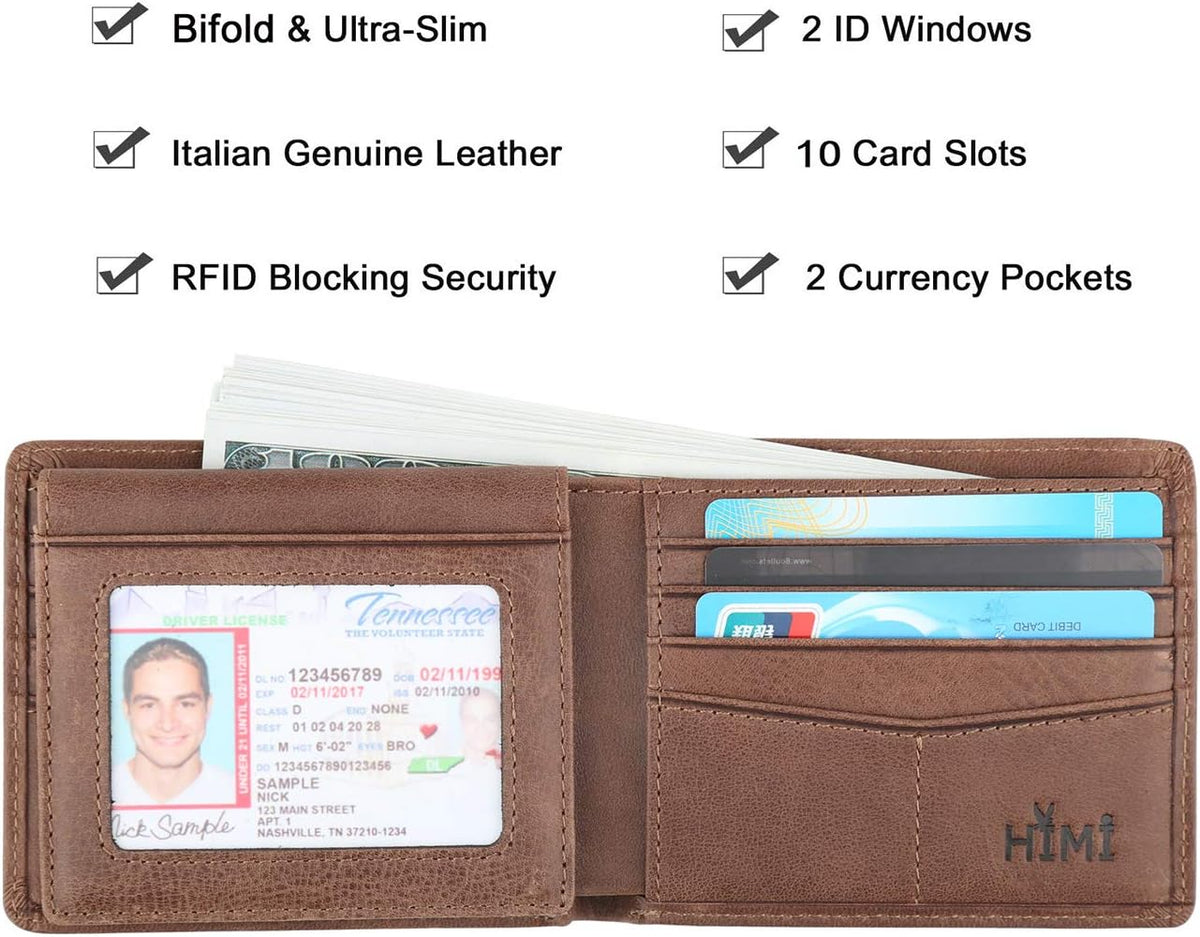 Wallet for Men-Genuine Leather RFID Blocking Bifold Stylish Wallet With 2 ID Window