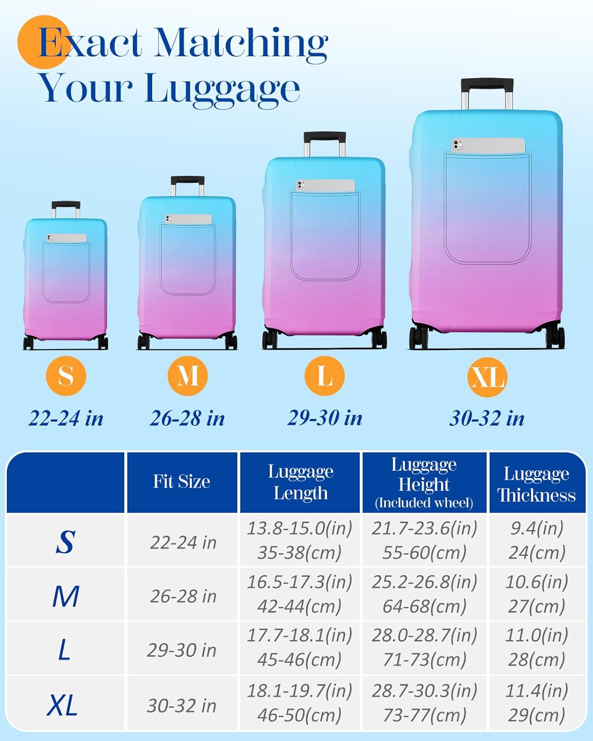 Slohif Luggage Cover for Suitcase Tsa Approved Protector - Luggage Sleeve Large Suit Case Cover Travel Stretch Baggage Case Protective Washable Fit 18-20 Inch Blue Rose Gradient XS