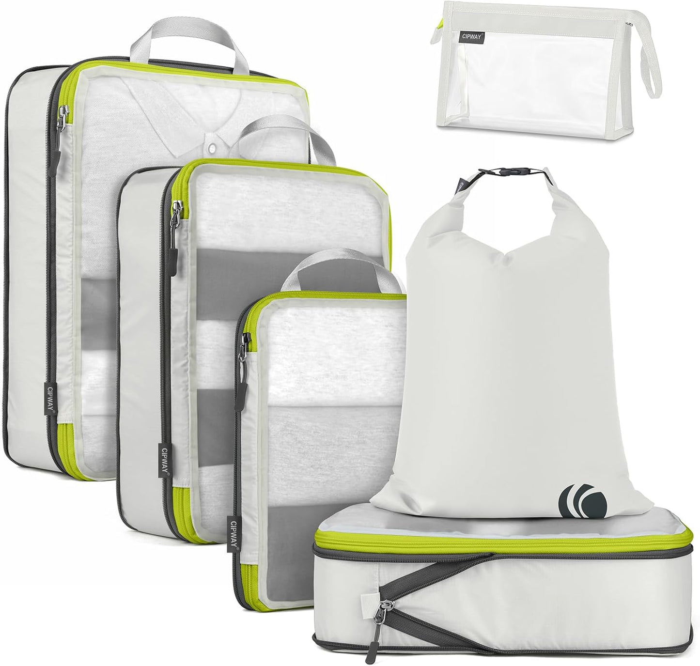 Cipway Compression Packing Cubes, See Through Mesh Luggage Organizer Bags, Travel Essentials for Carry on Suitcase with Laundry Bag and Clear Toiletries Bag（6 Pcs,White）