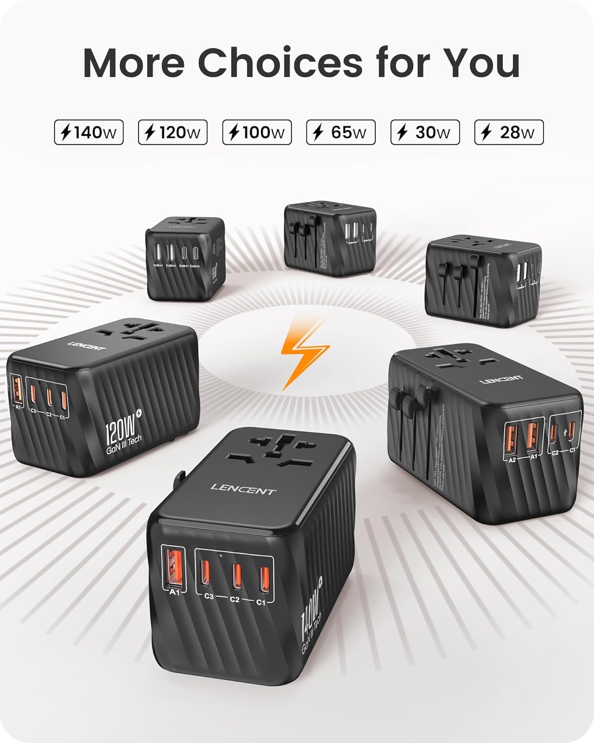 LENCENT International Travel Adapter, 65W GaN3 Universal Fast Charger with 2 USB A + 3 Type C PD, Worldwide Power Adaptor for Phones,Laptops, All in One Travel Essentials for EU/USA/UK/AU, Black