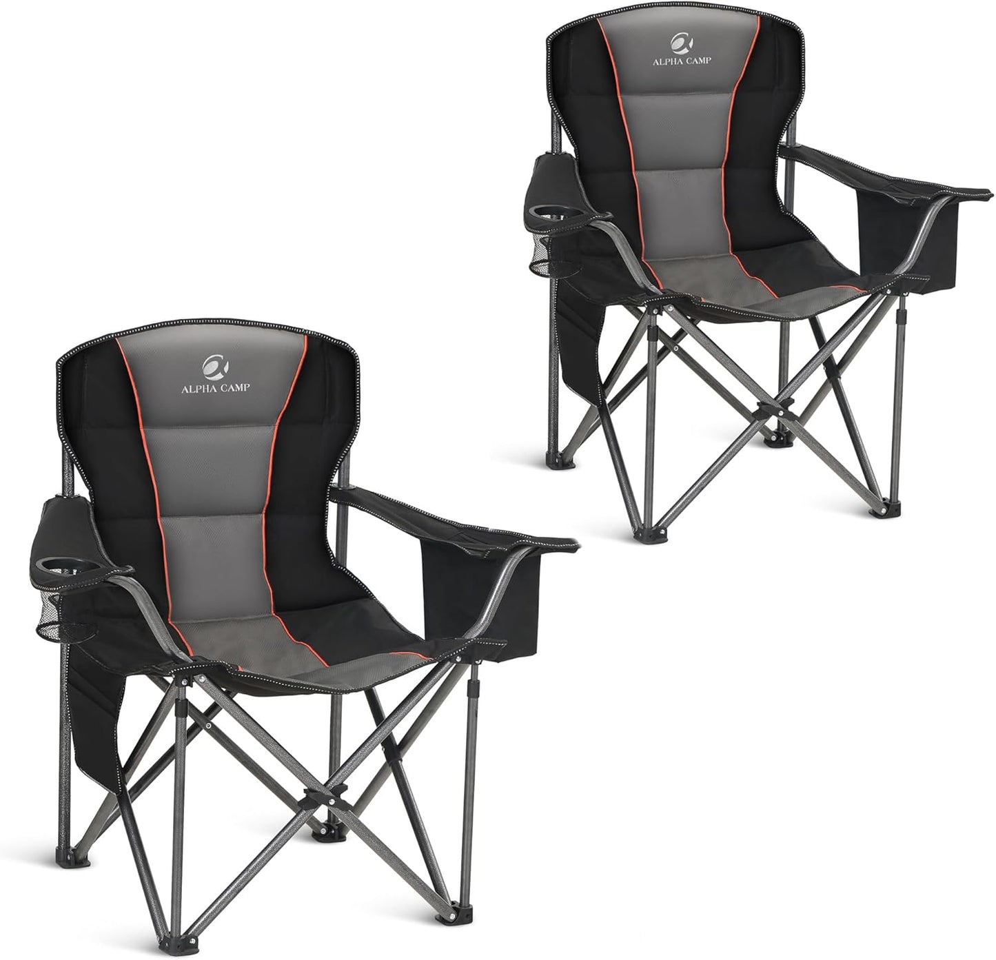 ALPHA CAMP Oversized Camping Chair Heavy Duty Lawn Chair with Cooler Bag Support 450 LBS Steel Frame Collapsible Padded Arm Quad Lumbar Back Folding Chair for Lawn Outdoor