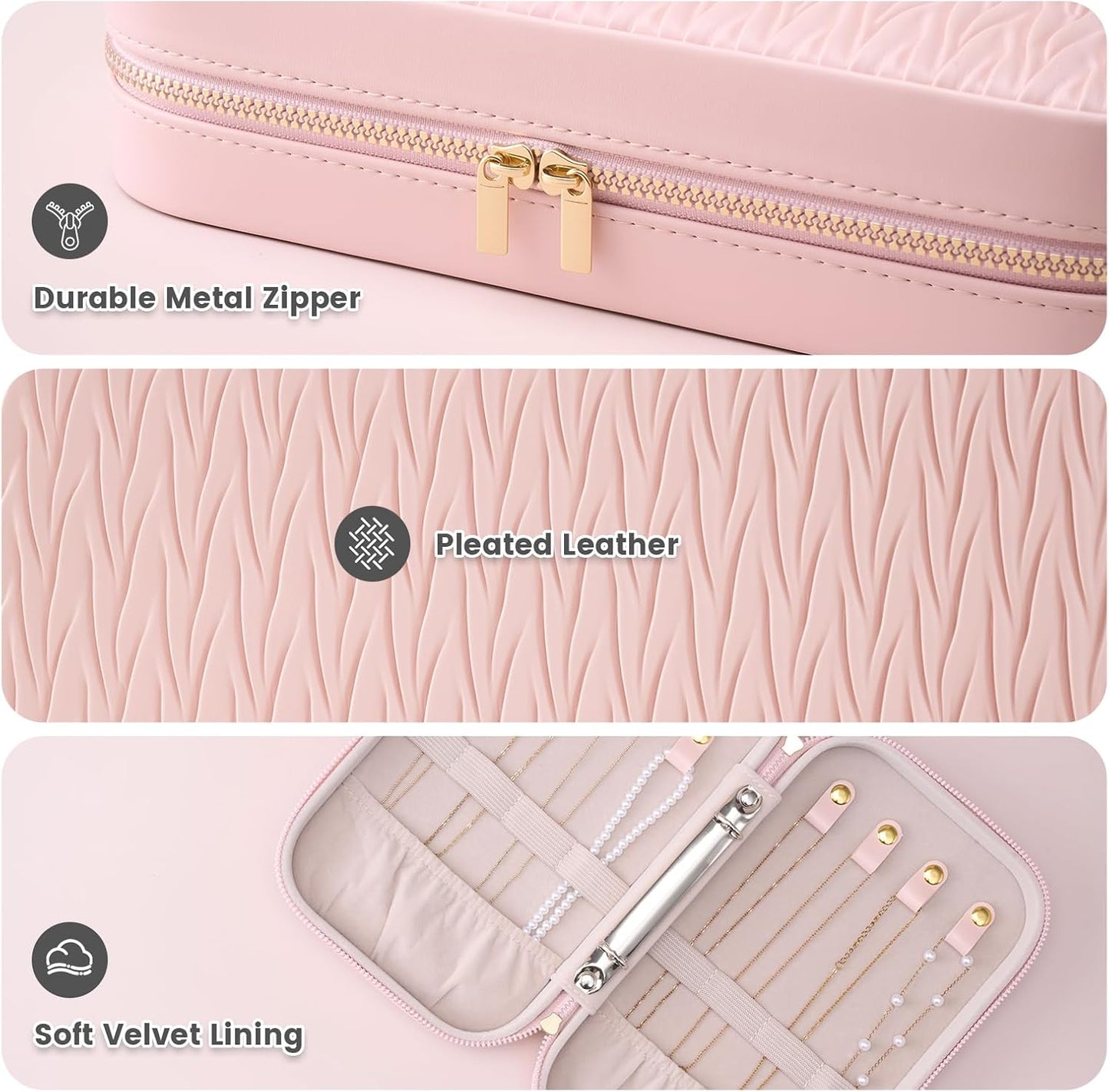Lolalet Travel Jewelry Organizer, Jewelry Storage Case with Pocket, Earrings Necklaces Bracelets Ring Zippered Storage Pouch for Women -Pink