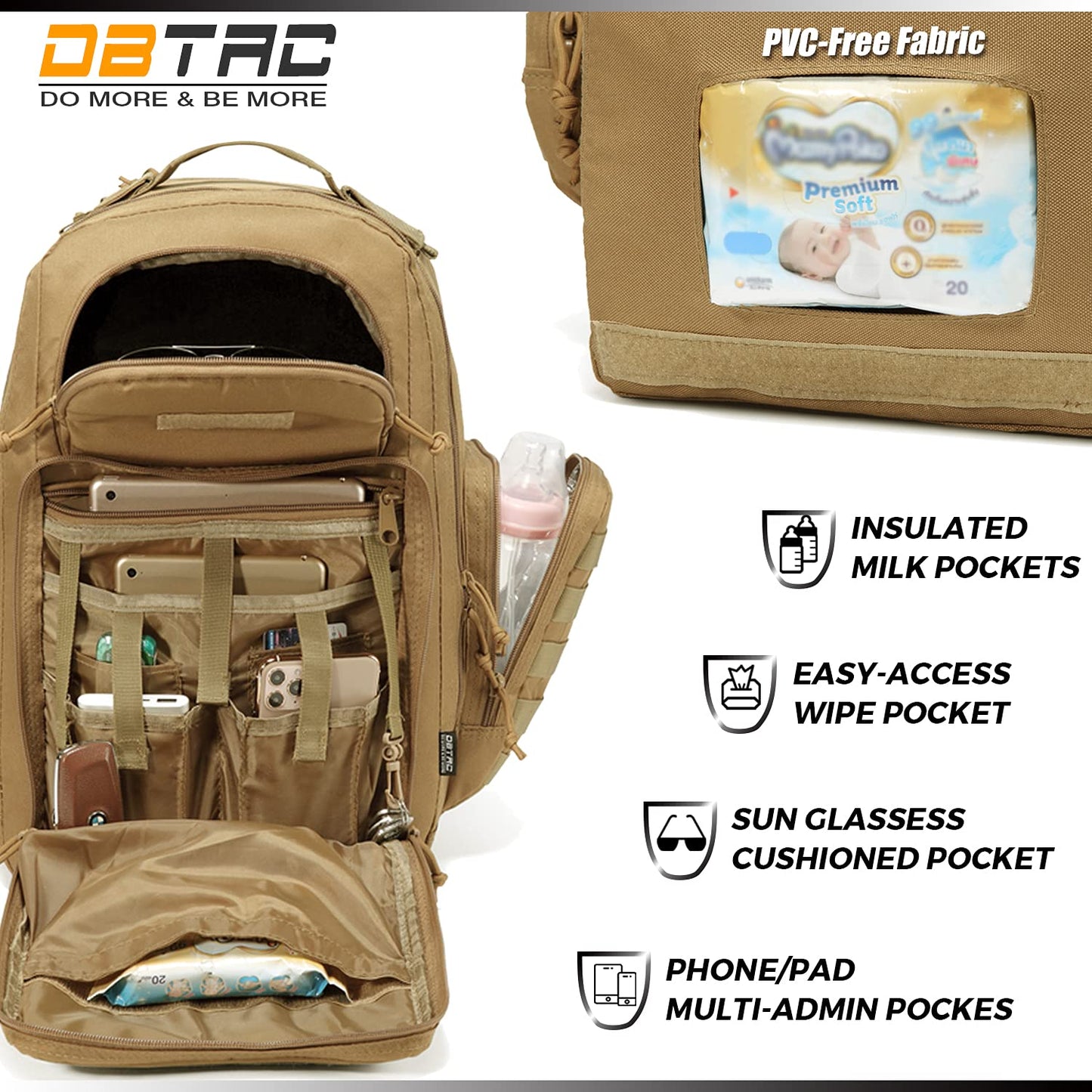 Diaper Bag Backpack for Dad, DBTAC Large Baby Nappy Bag for Men w/Changing Mat, Insulated+Wipe Pockets, Stroller Straps, Tan