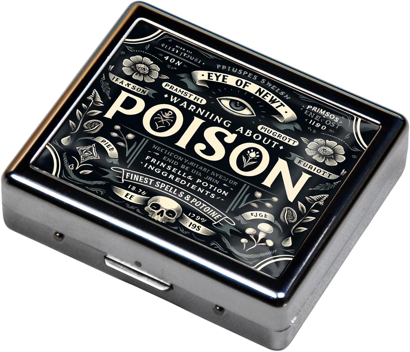 Cute and Portable Metal Pill Organizer – 8 Compartments, Elegant Chrome Finish, Ideal for Travel and Daily Use (Vintage Poison)