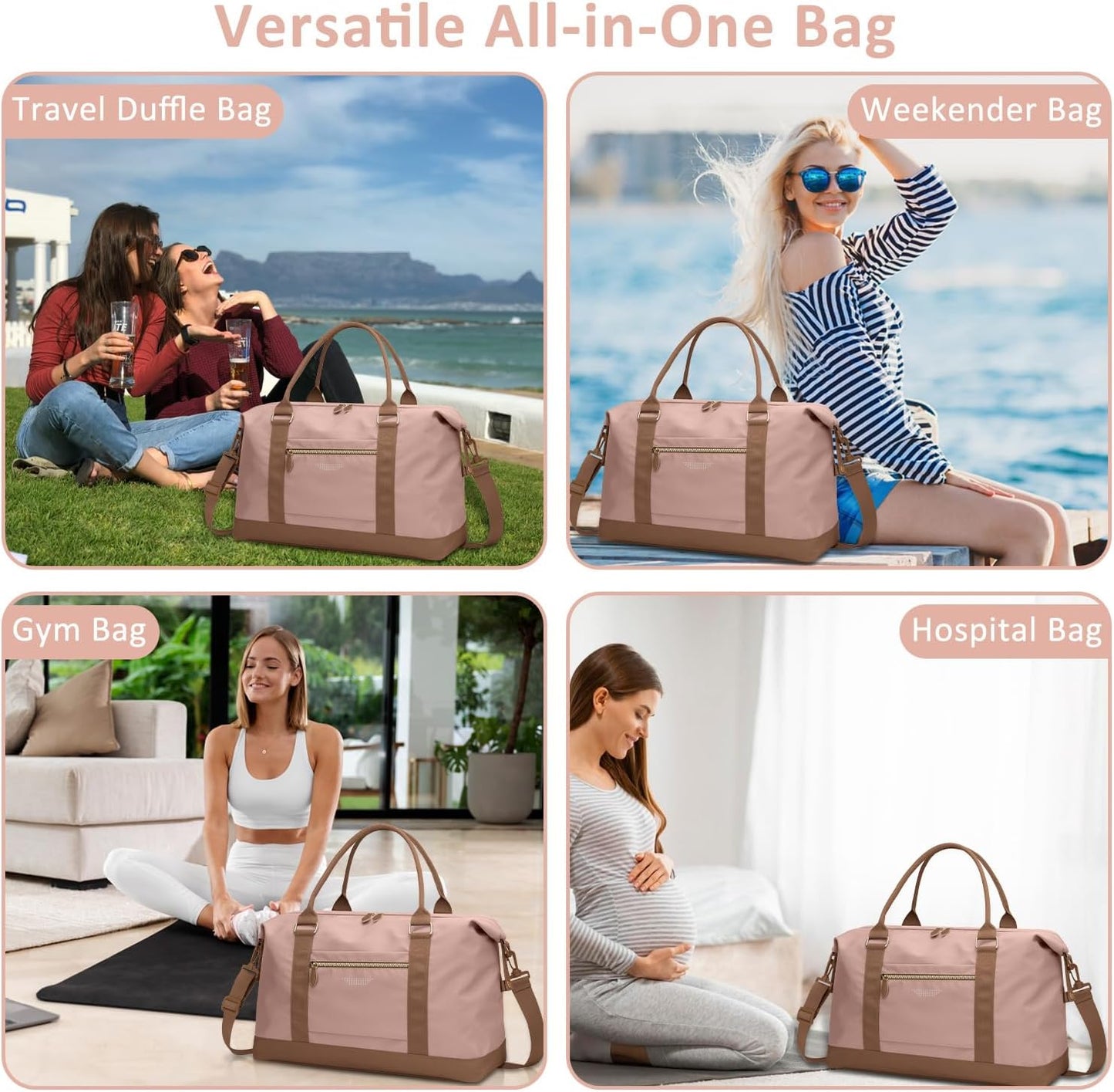 Travel Duffle Bag for Women, Weekender Bags, Hospital Bag for Labor Delivery, Lightweight Tote Duffel Overnight Bag with Luggage Sleeve, Airplane Travel Bags with Toiletry Bag, Large, Pink