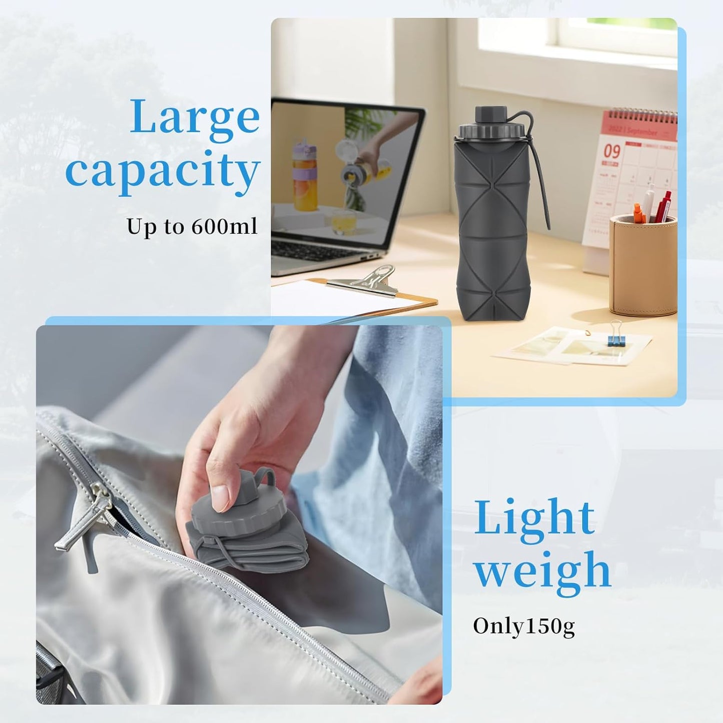 YCT Collapsible Silicone Travel Water Bottle 20oz (600ml), Reuseable Leakproof BPA Free Foldable Sports Bottle, with Carrying Strap, Blue