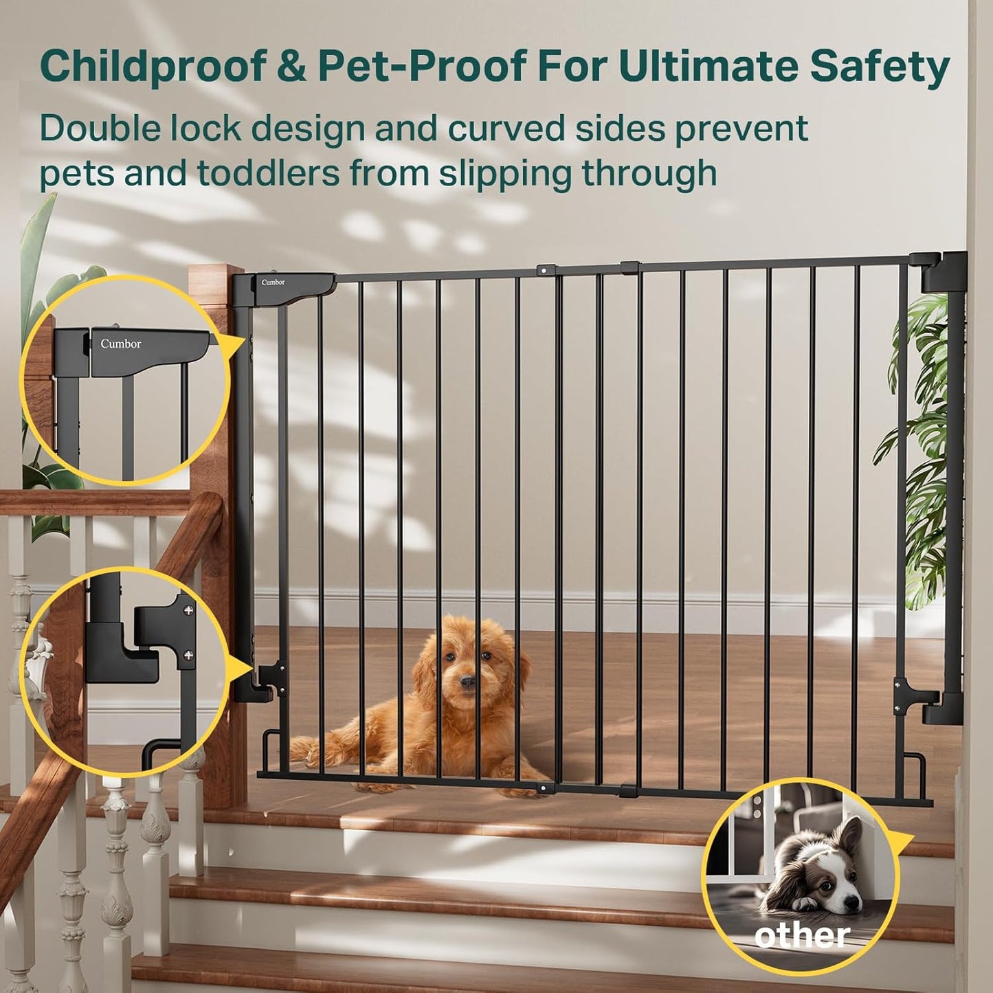 Cumbor 34" Extra Tall No Bottom Bar Baby Gate for Stairs, Wall Mounted Dog Gate Indoor for Larger Pets, Expandable 31.6-48" Safety Gate for Doorways, Wide Walk Thru Door for Easy Access (Black)