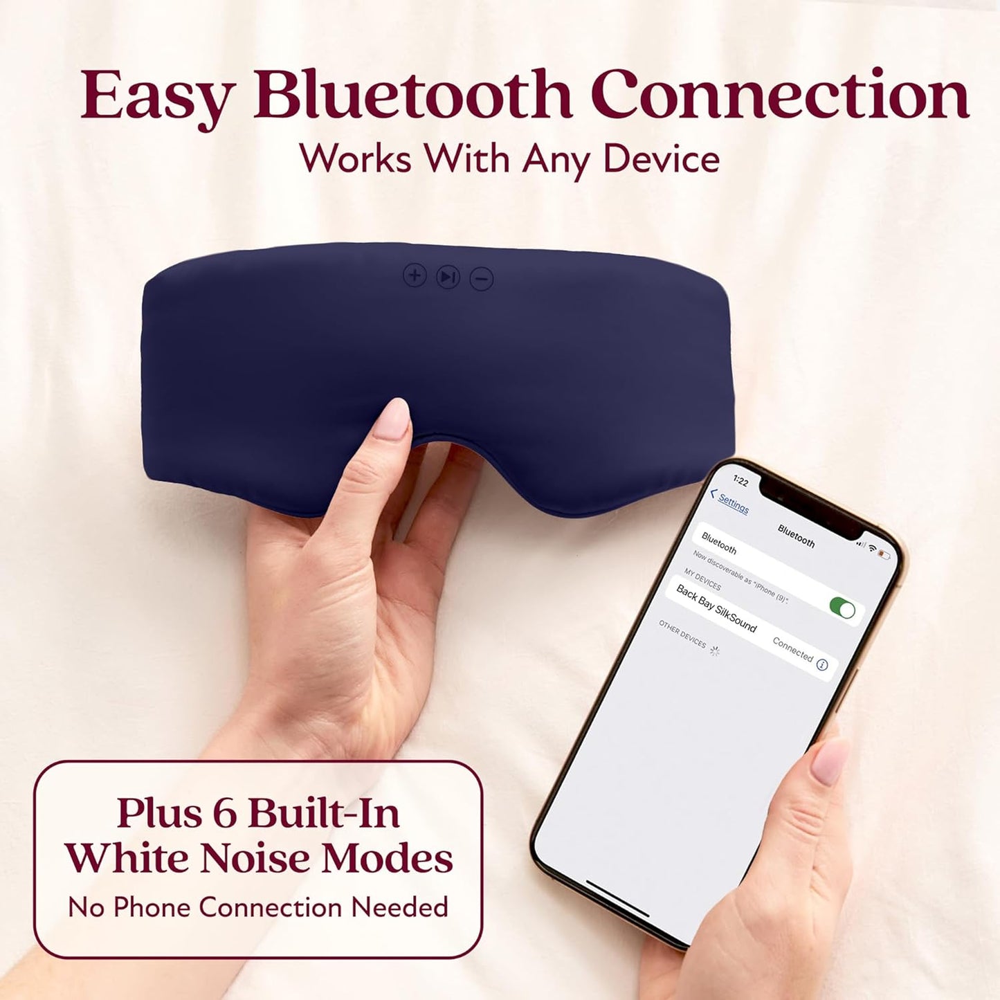 SilkSound 100% Mulberry Silk Bluetooth Sleep Mask, Skin-Friendly Sleeping Eyemask with Bluetooth Sleep Headphones, Silk Eye Mask Headphones with Small Side Speakers, White Noise Head Phones Ear Muffs