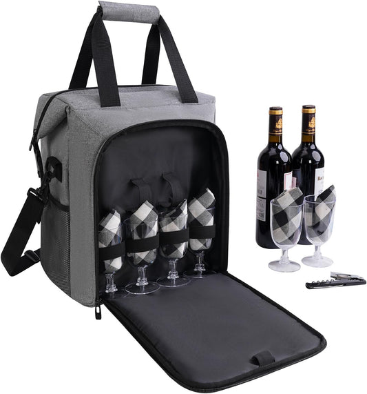 ALLCAMP 6 Bottle Wine Gift Bag - Insulated Tote Cooler, Adjustable Strap, Includes 6 Wine Glasses, Napkins & Corkscrew, Portable Travel Gifting(Gray)