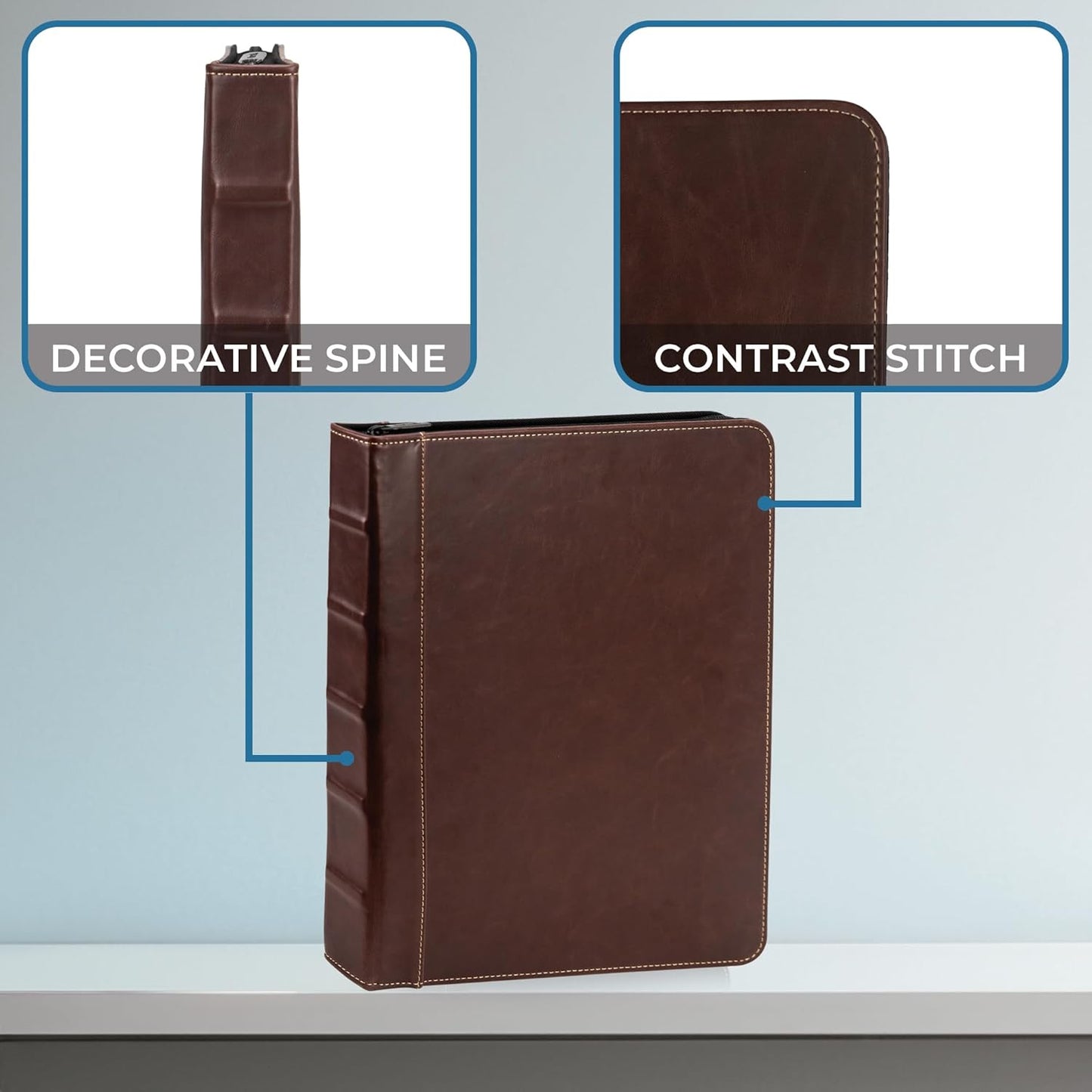 Samsill Vintage Leather Mini 3 Ring Zipper Binder, 1 Inch Round Ring Capacity (Holds 200 Sheets), 5.5 x 8.5 Inch Documents, Notebook Organizer, Planner, Brown with Contrast Stitching