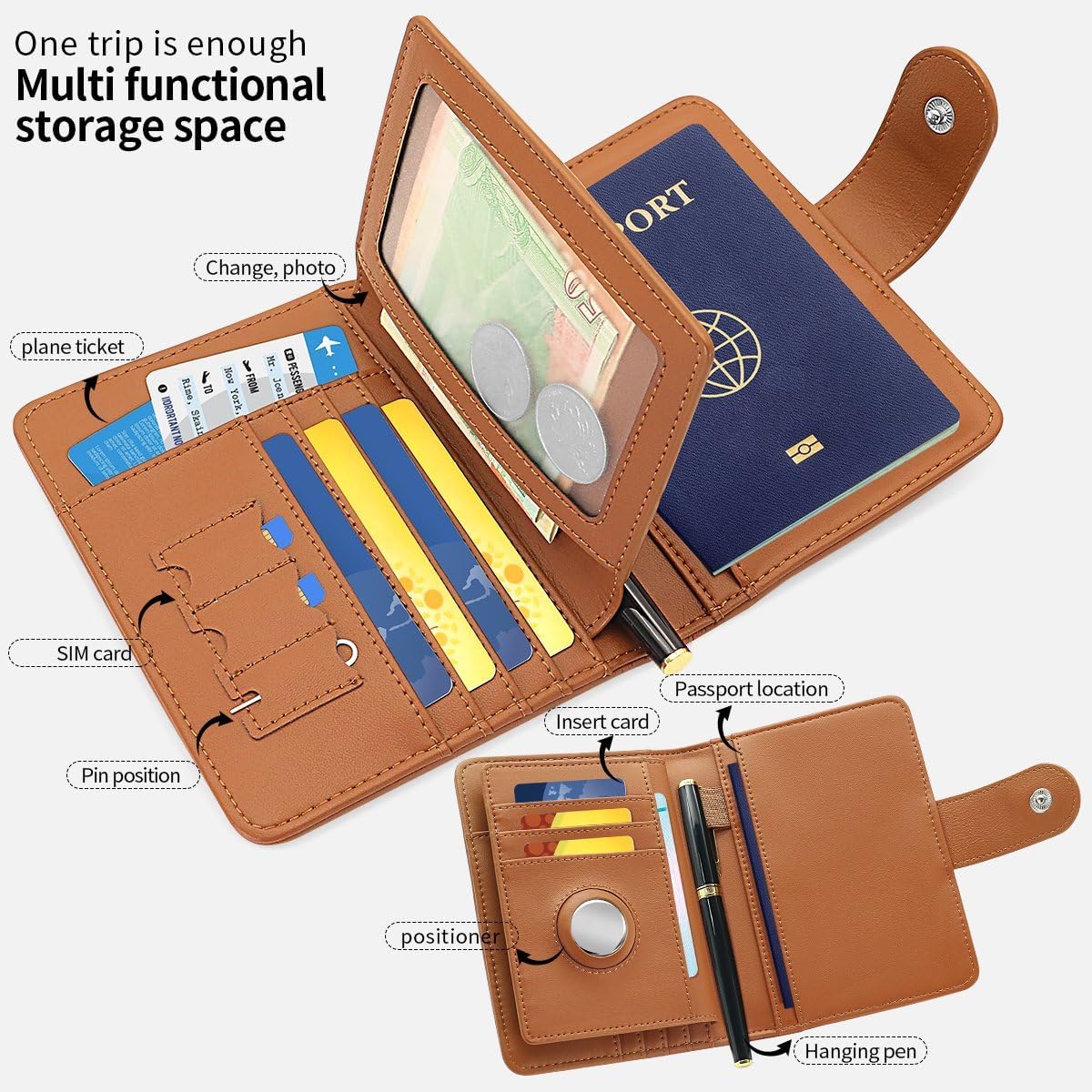 Passport Holder Wallet Bag with AirTag Holder, Card Slots Passport Solt Ticket Cash Solt, Photo Solt Sim Card Pen Slot.Brown