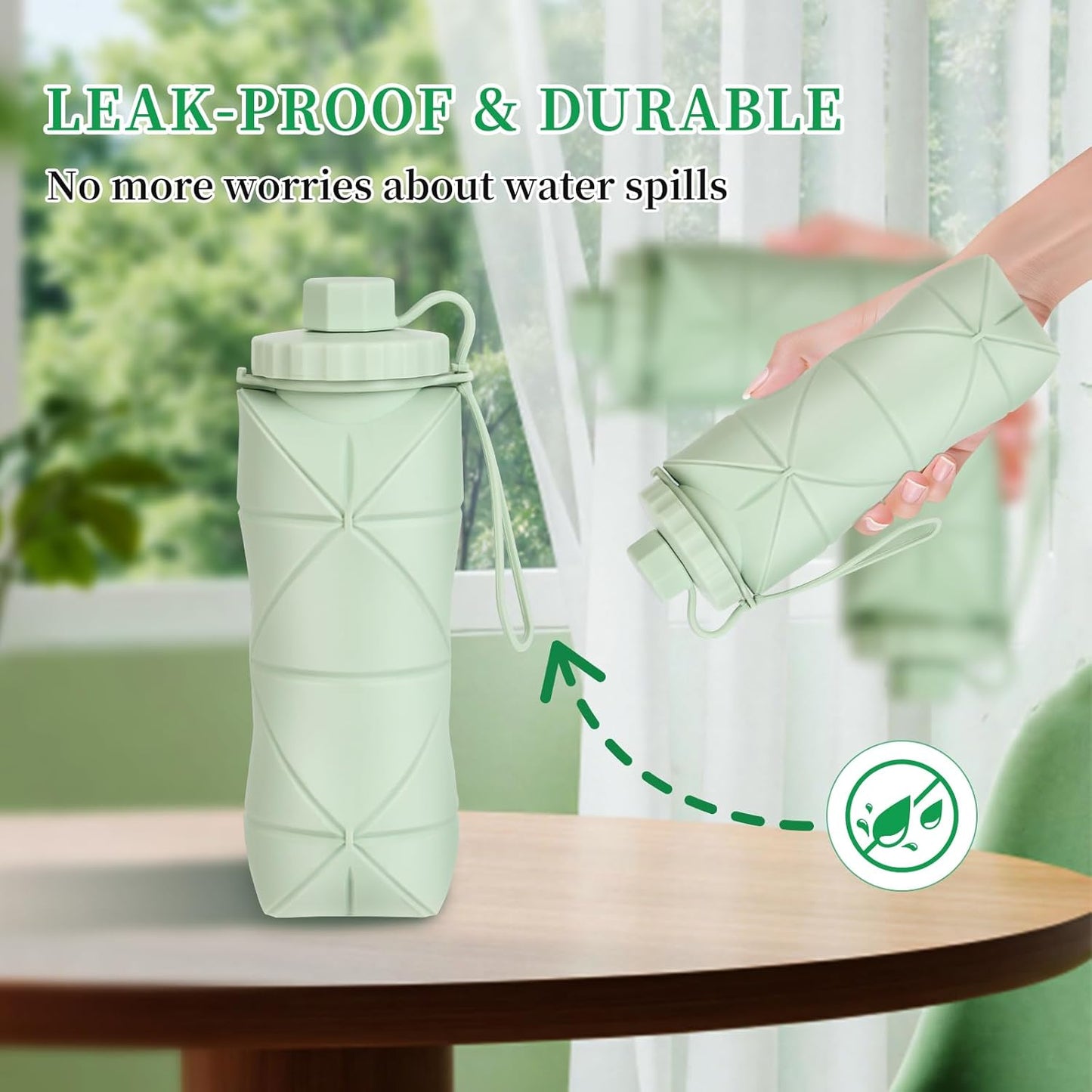 YCT Collapsible Silicone Travel Water Bottle 20oz (600ml), Reuseable Leakproof BPA Free Foldable Sports Bottle, with Carrying Strap, Light Gray + Purple