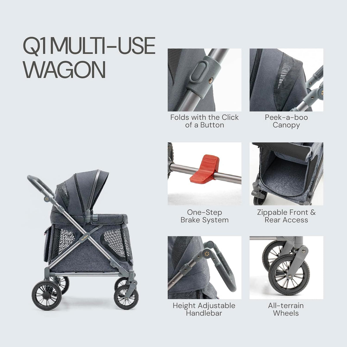 Familidoo Q1 Multi-Use Kids Wagon Stroller – Foldable, Lightweight & All-Terrain for Kids & Pets – 5-Point Safety Harness, Rain Cover & Compact Travel Design – Supports Up to 132 lbs (Charcoal Gray)