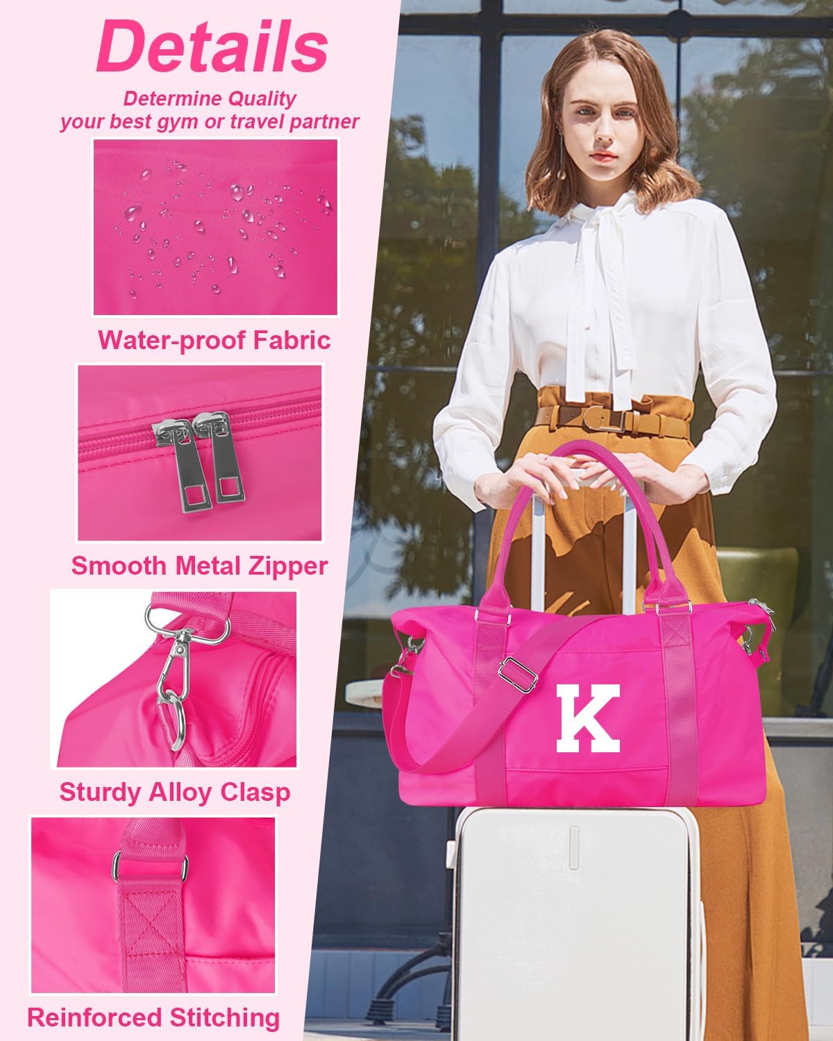 Overnight Bag for Kids Teen Girls Weekender Dance Bag Birthday Graduation Gifts,Initial Travel Duffel Bag Sports Gym Bag Personalized Weekender Bag Carry On Bags Preppy Gifts for Women(Hot Pink, K)