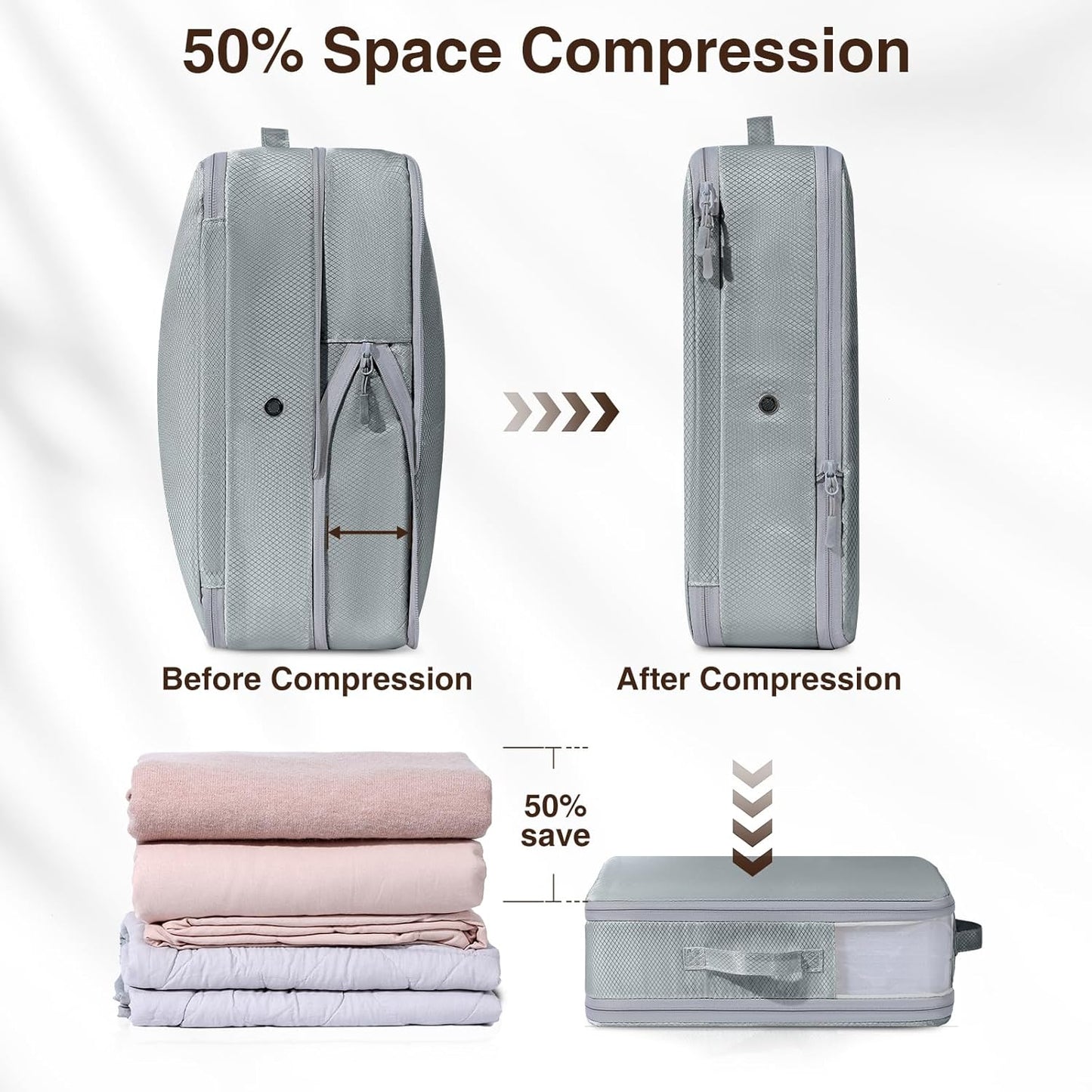 DIMJ Compression Storage Bags 8 Pack, 19L Clothes Storage Organizer for Blanket, Sweater, Closet, Sheet Storage Organizer Compression Packing Cubes for Sheet Bedding Toys Storage with Zipper(Gray)