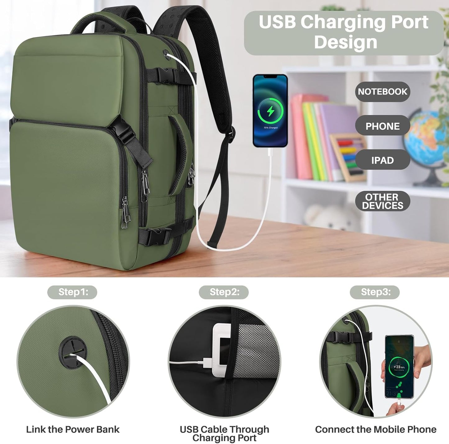 Travel Backpack Carry On Flight Approved, Lightweight Large Travel Backpack, Expandable with USB Charging Hole, Waterproof Causal Bookbag for Travel Work College Fits 17 inch Laptop, Green