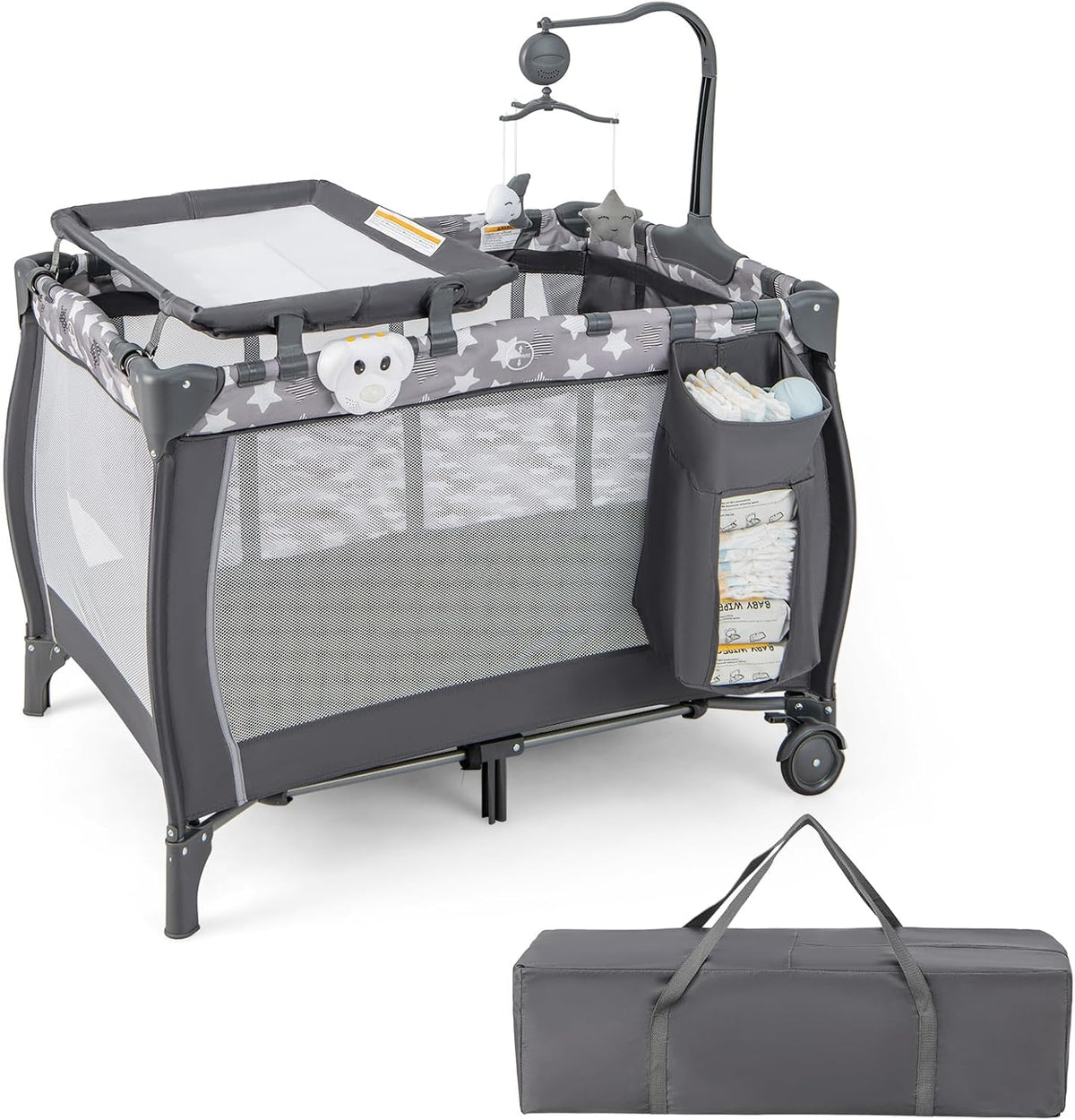 HONEY JOY Pack and Play, 3 in 1 Portable Baby Playard with Bassinet, Changing Table, Lockable Wheels, Music Box, Foldable Travel Baby Crib Nursery Center from Newborn to Toddler (Star Gray)