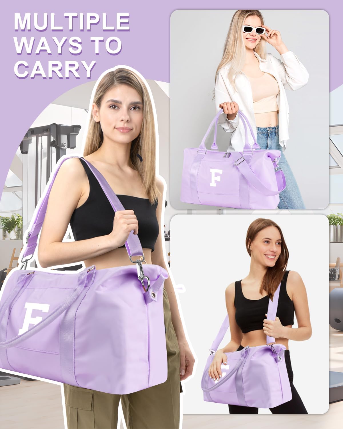 Daughter Niece Gifts for Teen Girl Kids, Initial Travel Duffel Bag Sports Gym Bag Personalized Gifts Weekender Bag，Monogram Overnight Bag Cute Dance Bag Birthday Bridesmaid Gifts for Women(Purple, F)