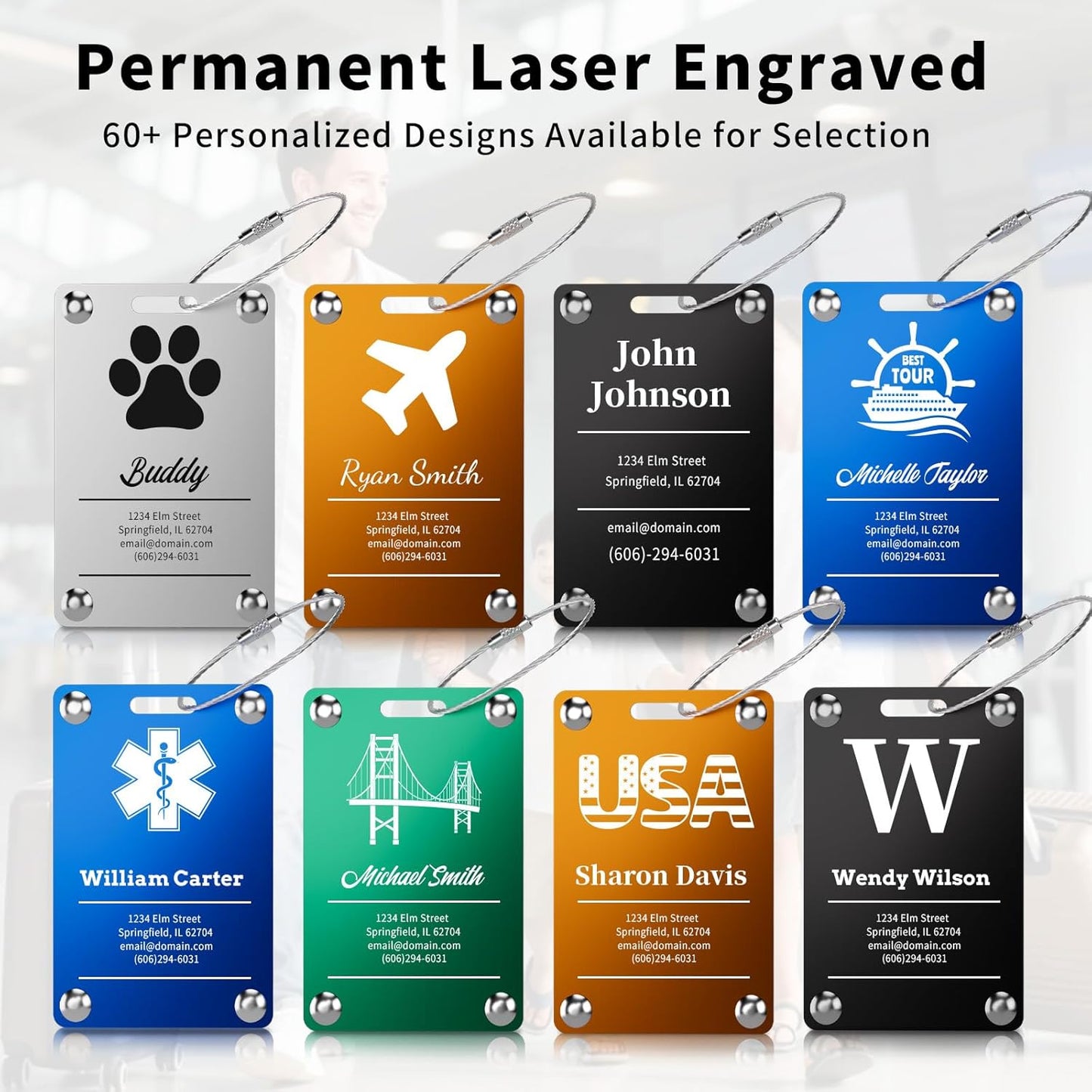 6 Pack Personalized Luggage Tags for Suitcases, Handmade Engraved Stainless Steel Custom Luggage Tags for Cruise Travel with Stainless Loop, Suitcase Identifier Metal Name Baggage Tag