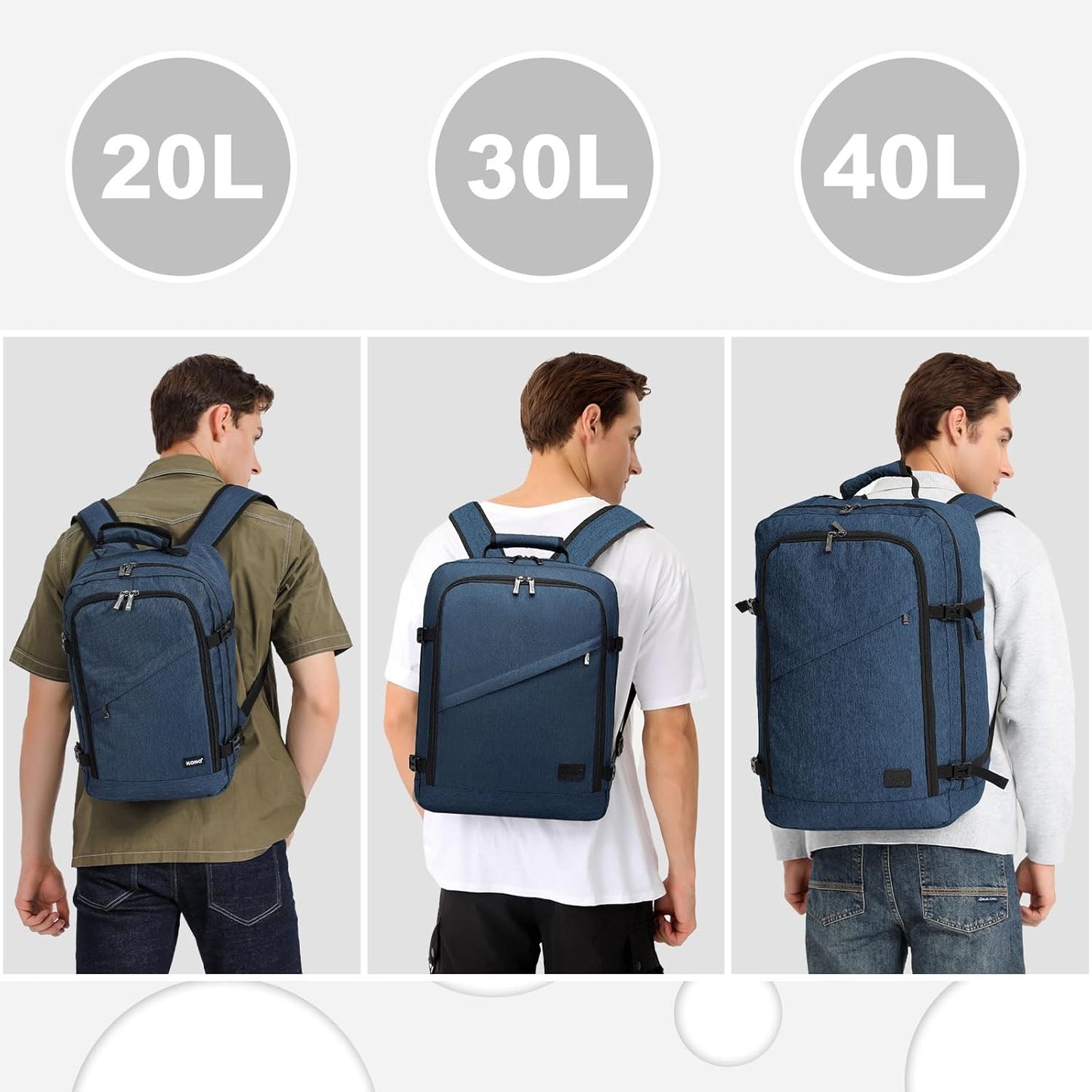 Kono Carry on Backpack, 18" Airplane Approved Under Seat Travel Backpack for Men and Women, Waterproof Lightweight Daypack for Flight 30L (Navy, Medium)