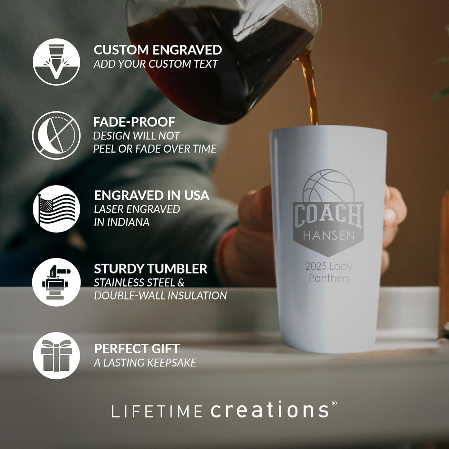 Lifetime Creations Personalized Basketball Coach Tumbler: Custom Basketball Coach Gift, Coaches Coffee Travel Mug from Team, Insulated Engraved Stainless Steel 20 Ounce Cup (White)