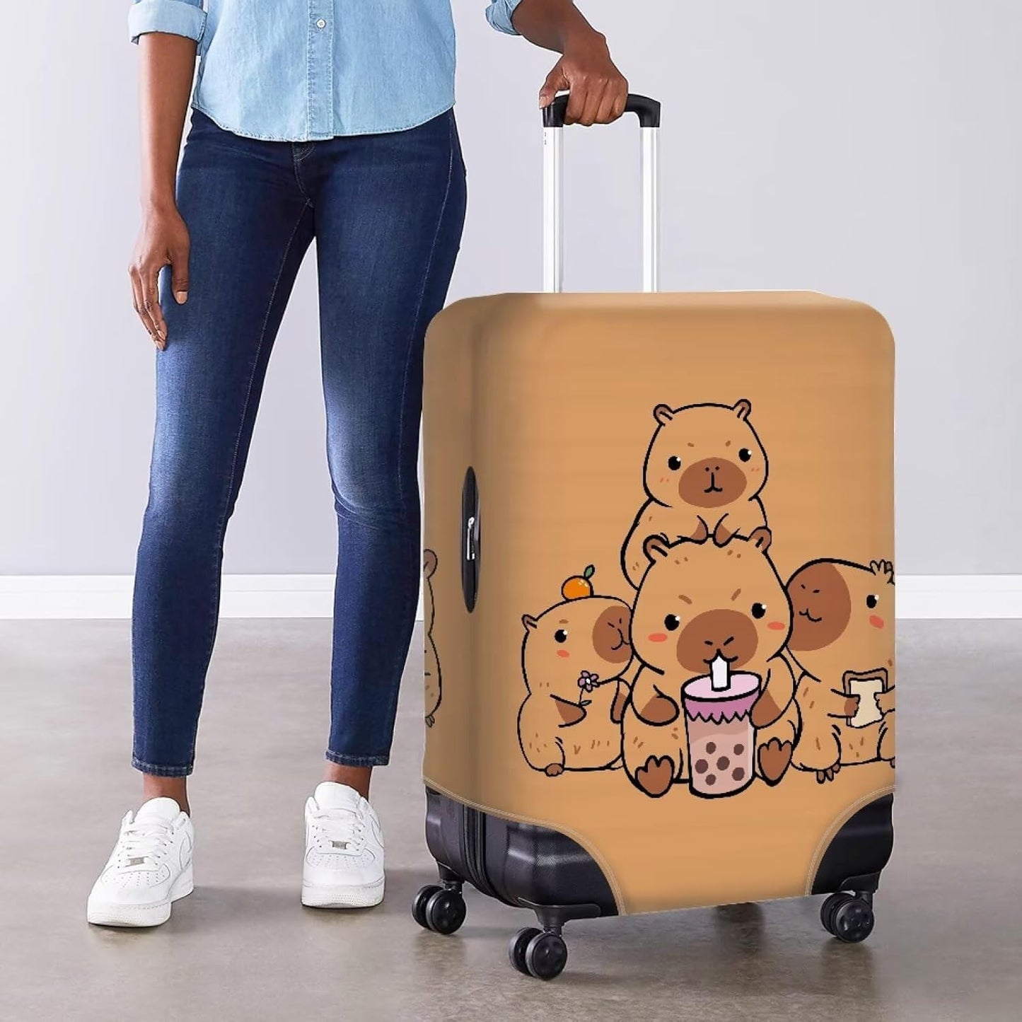 Milk Tea Capybara Luggage Cover Fit 30-32 Inch Universal Thickness Suitcase Covers Protector with Invisible Zipper Scratch-Resistan Travel Luggage Baggage Case