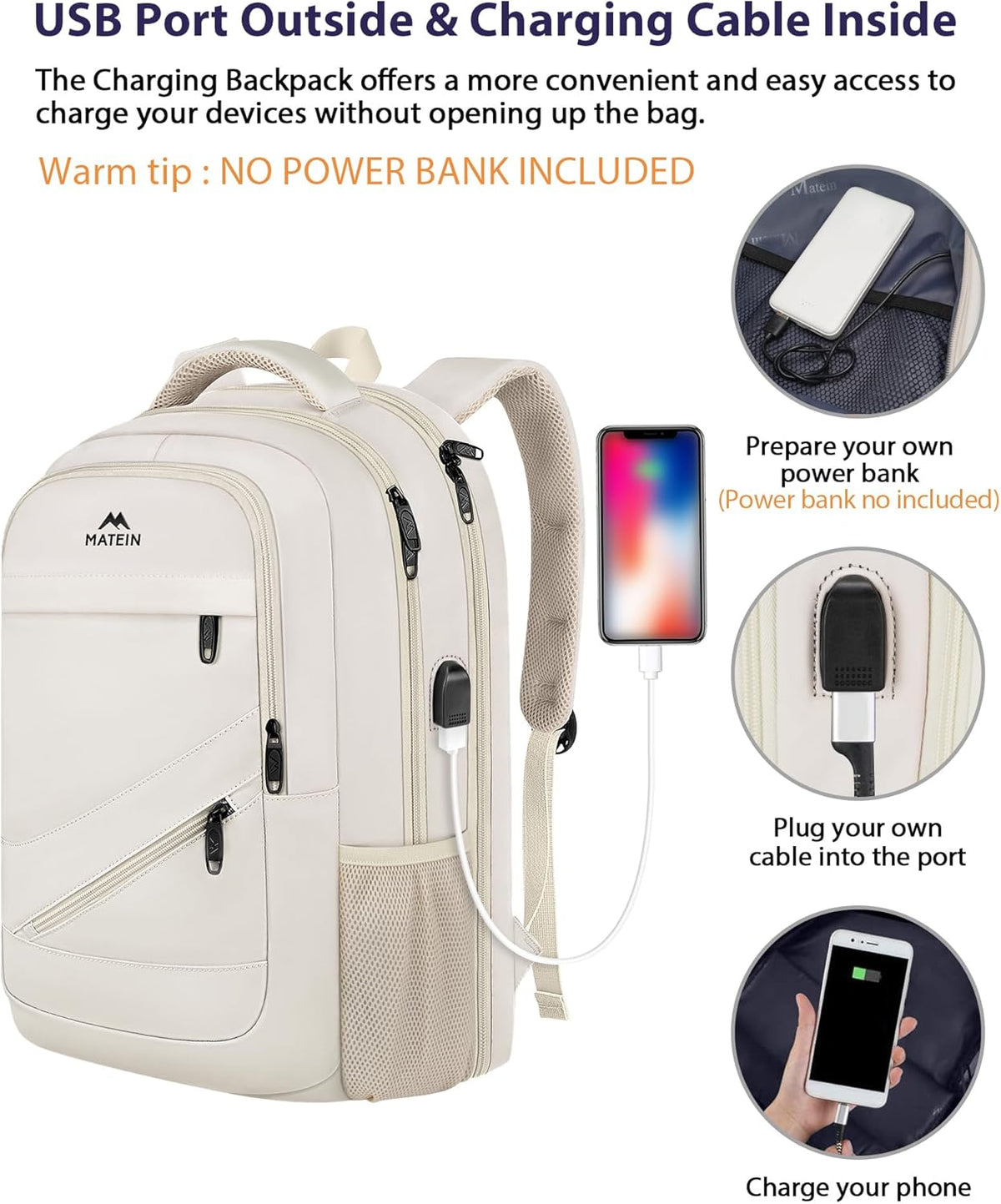 MATEIN Laptop Backpack Women Large Capacity, Travel Backpack TSA Approved with Luggage Strap & USB Port, Water Resistant Teacher College Bookbag Fits 17 Inch Computer, Stylish Beige Work Daypack