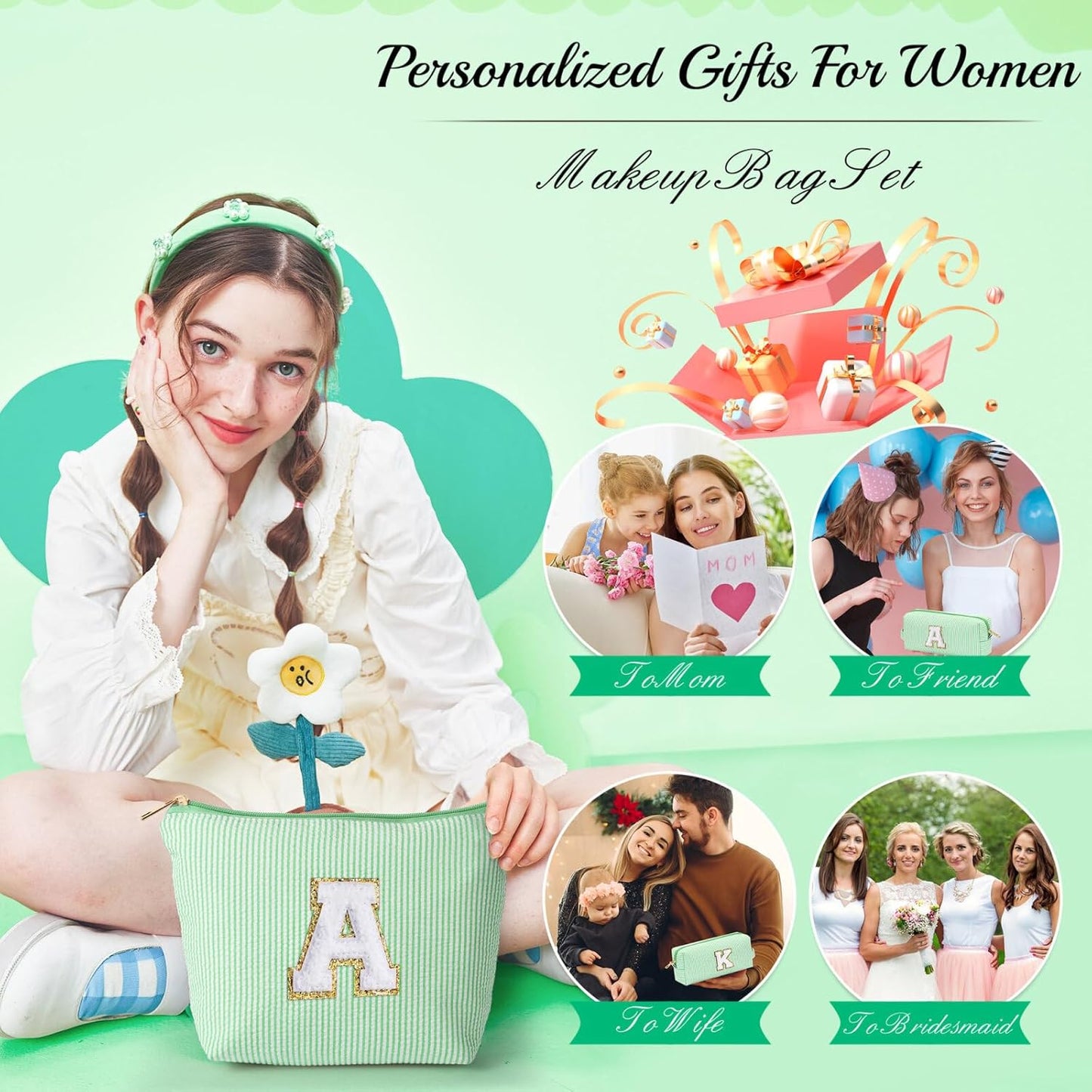 YOOLIFE Birthday Gifts for Women Her - Personalized Cute Initial Cosmetic Makeup Pouch Make Up Travel Bag for Mothers Day Gifts Teacher Sister Friend Girlfriend Mothers Day Gifts for Mom D