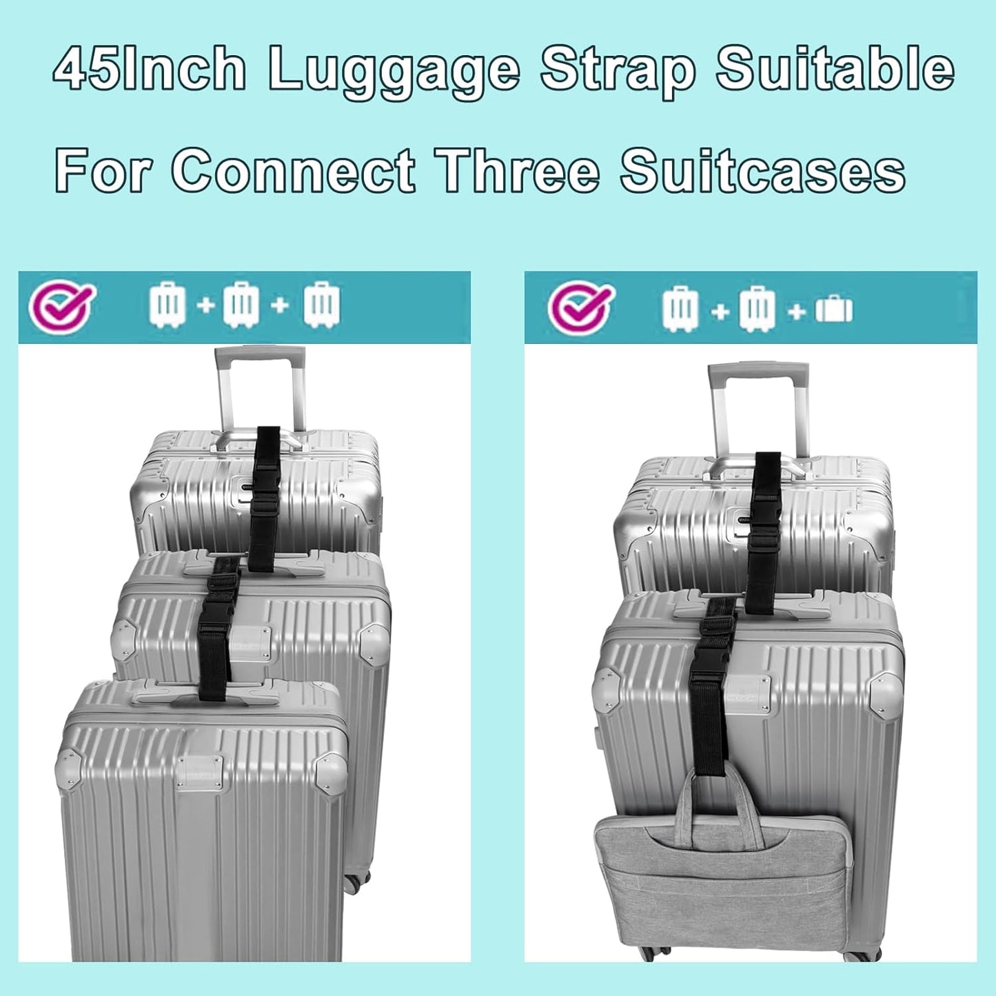 4Pack Luggage Straps Add Bag Luggage Straps to Connect Two Suitcases, Adjustable Luggage Belt Connector for Carry On, Travel Attachment Accessories for Connect Your 3 Luggages, Black