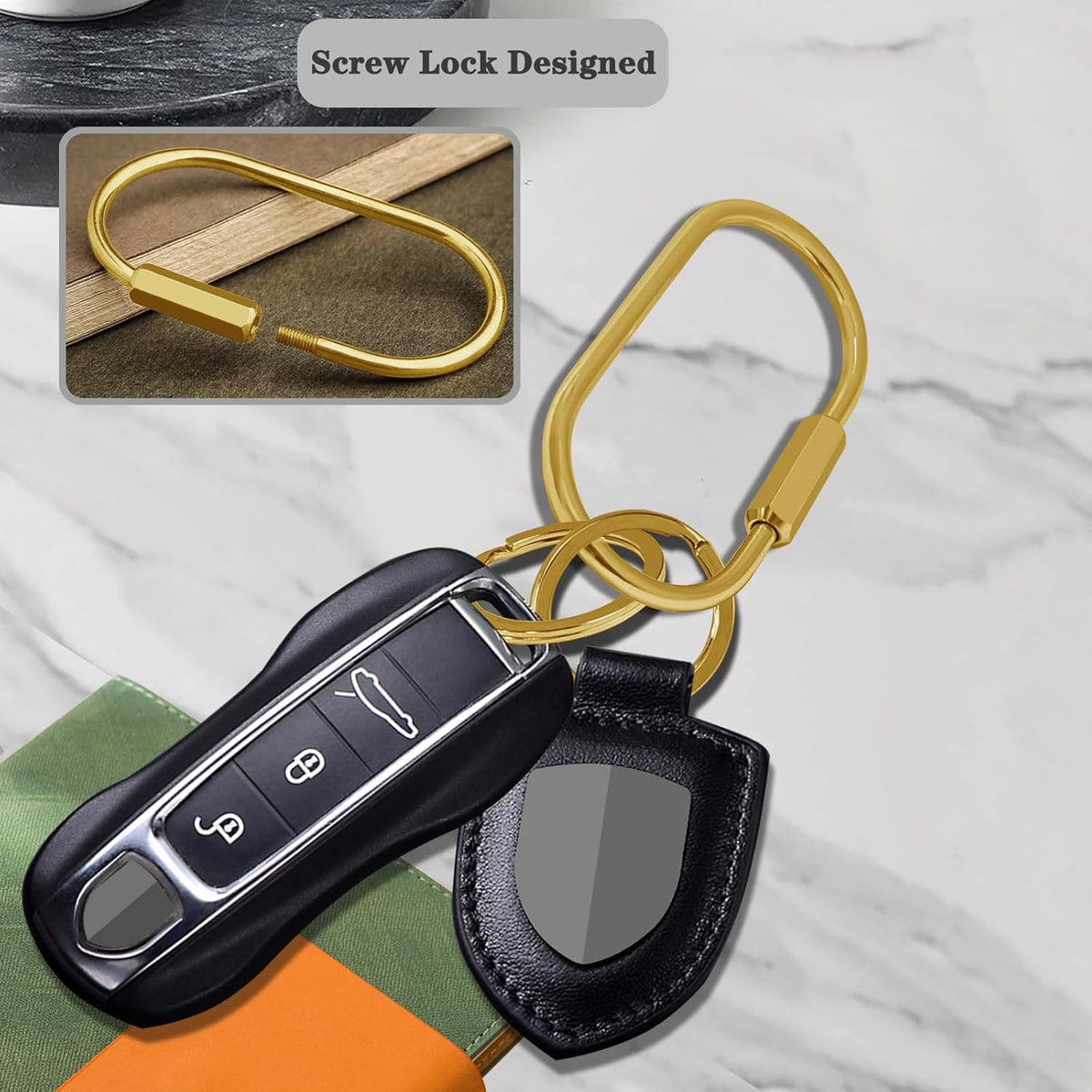 Key Chain, Brass Key Rings 2 Pack Screw Lock Key Organizer with 4 Rings Carabiner Keychain Clip for Men and Women