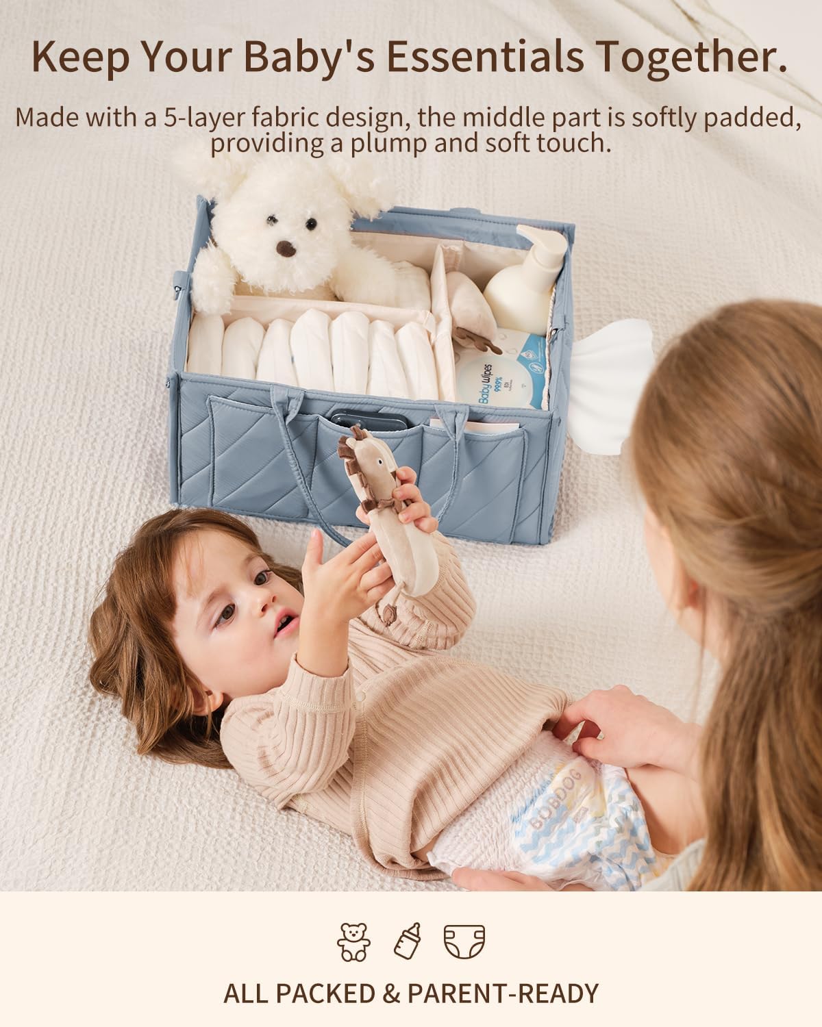 Baby Diaper Caddy with Tissue Pocket, Multi-Function Caddy Organizer with Shoulder Strap & Stroller Clips – Durable Organizer Bags for Nursery, Travel & Car, Baby Essentials Changing Table
