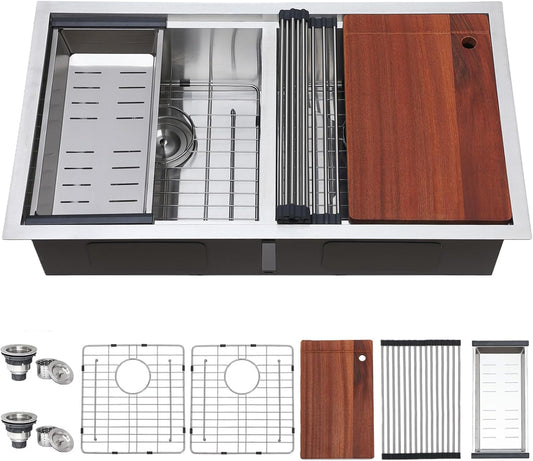COMLLEN 33 Inch Double Bowl Undermount Kitchen Sink,33x19 Inch Workstation 16 Gauge Stainless Steel Double Kitchen Sinks with Cutting Board,9 Inch Deep Sink Maximizes Space Efficiency